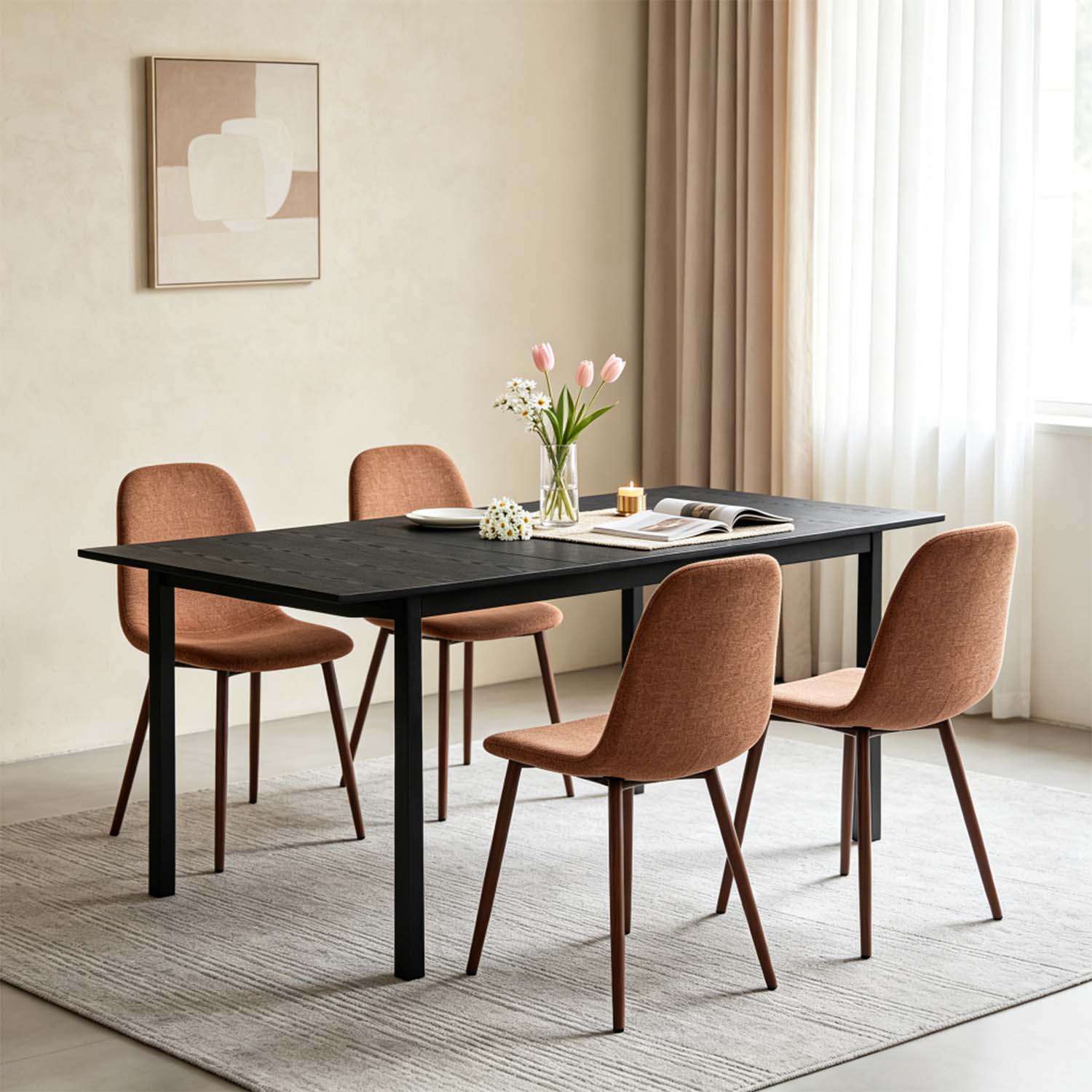 Ensemble table à manger extensible noire et 4 chaises en tissu rouge doux, style scandinave