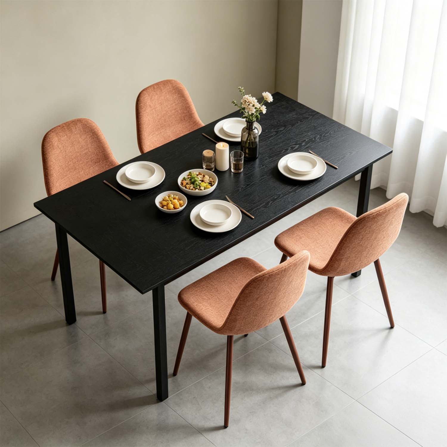 Ensemble table à manger extensible noire et 4 chaises en tissu rouge doux, style scandinave