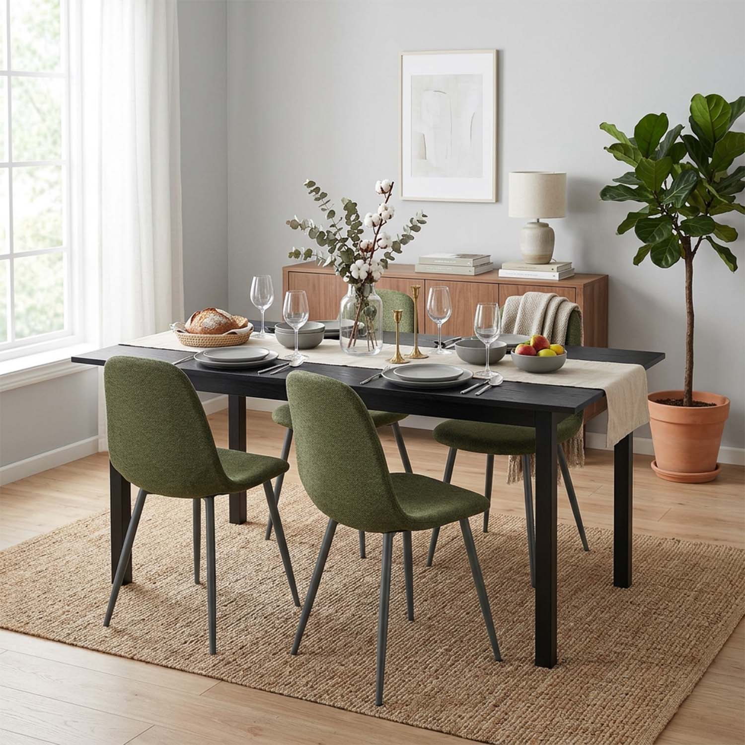 Ensemble table à manger extensible noire et 4 chaises en tissu vert doux, style scandinave