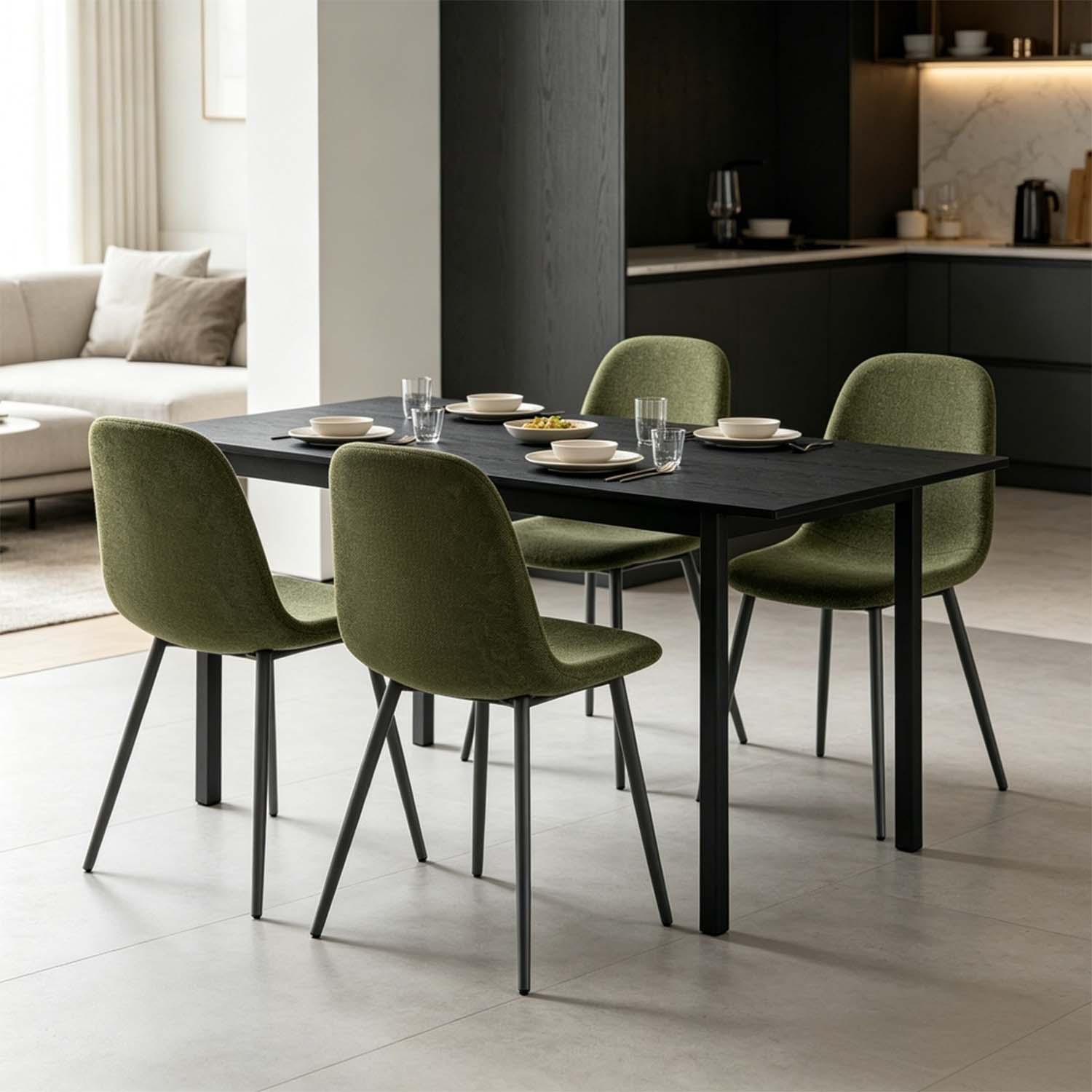 Ensemble table à manger extensible noire et 4 chaises en tissu vert doux, style scandinave