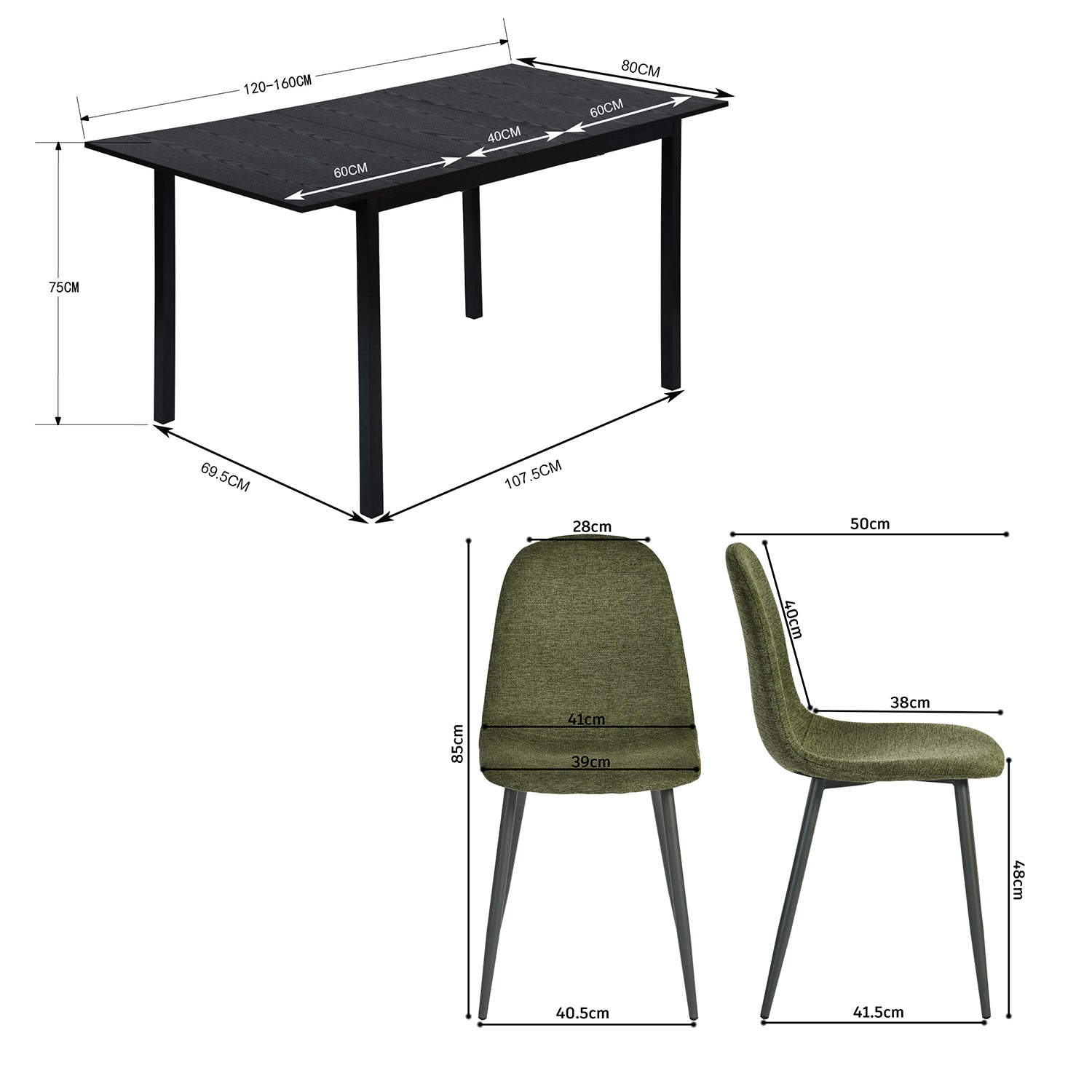 Ensemble table à manger extensible noire et 4 chaises en tissu vert doux, style scandinave