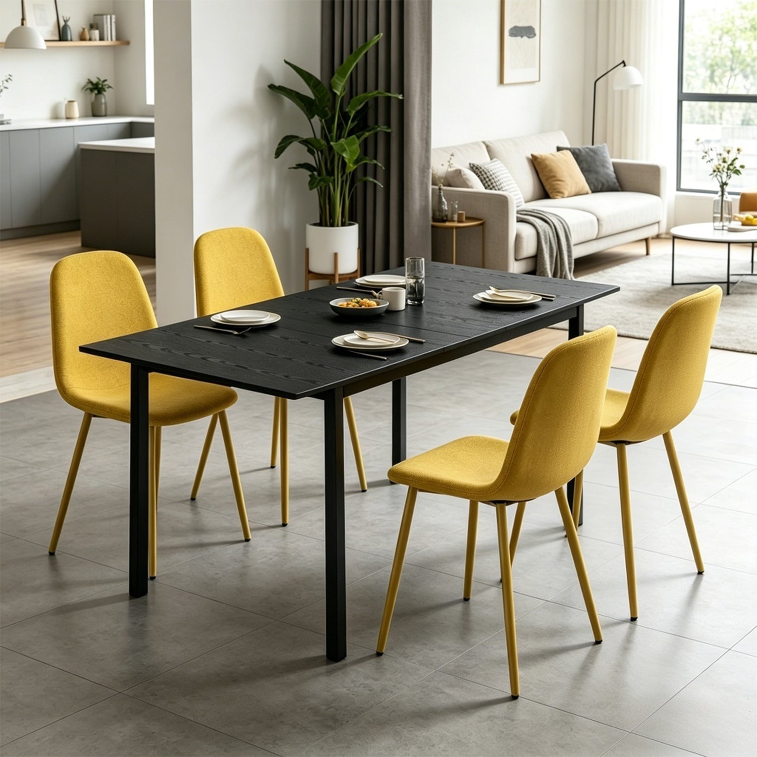 Ensemble table à manger extensible noire et 4 chaises en tissu jaune doux, style scandinave