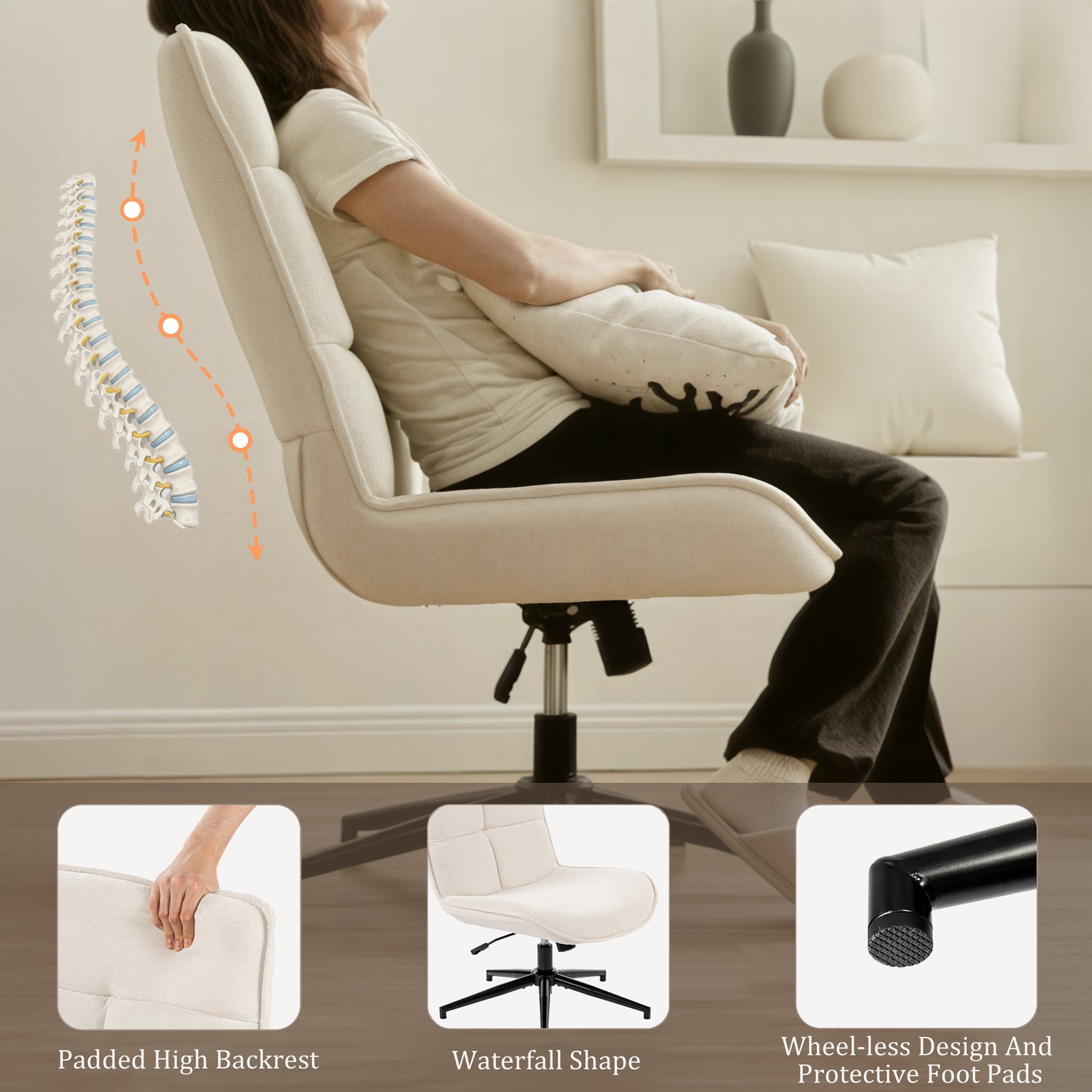 Adjustable leisure armchair in beige chenille fabric, 360° swivel - CHARLOTTE