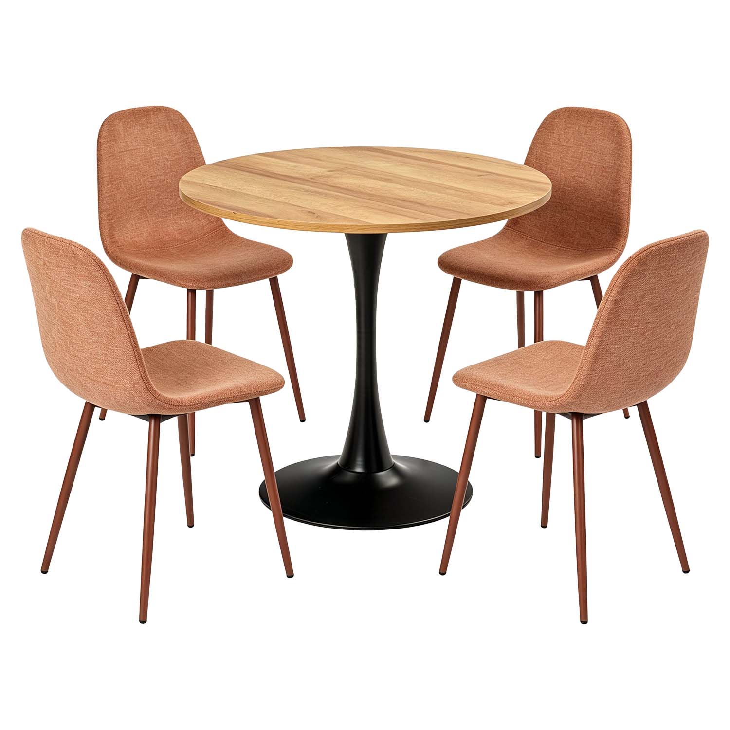 Round Table Table Table Table Timber Ø80 cm with 4 black velvet chairs, modern and comfortable style