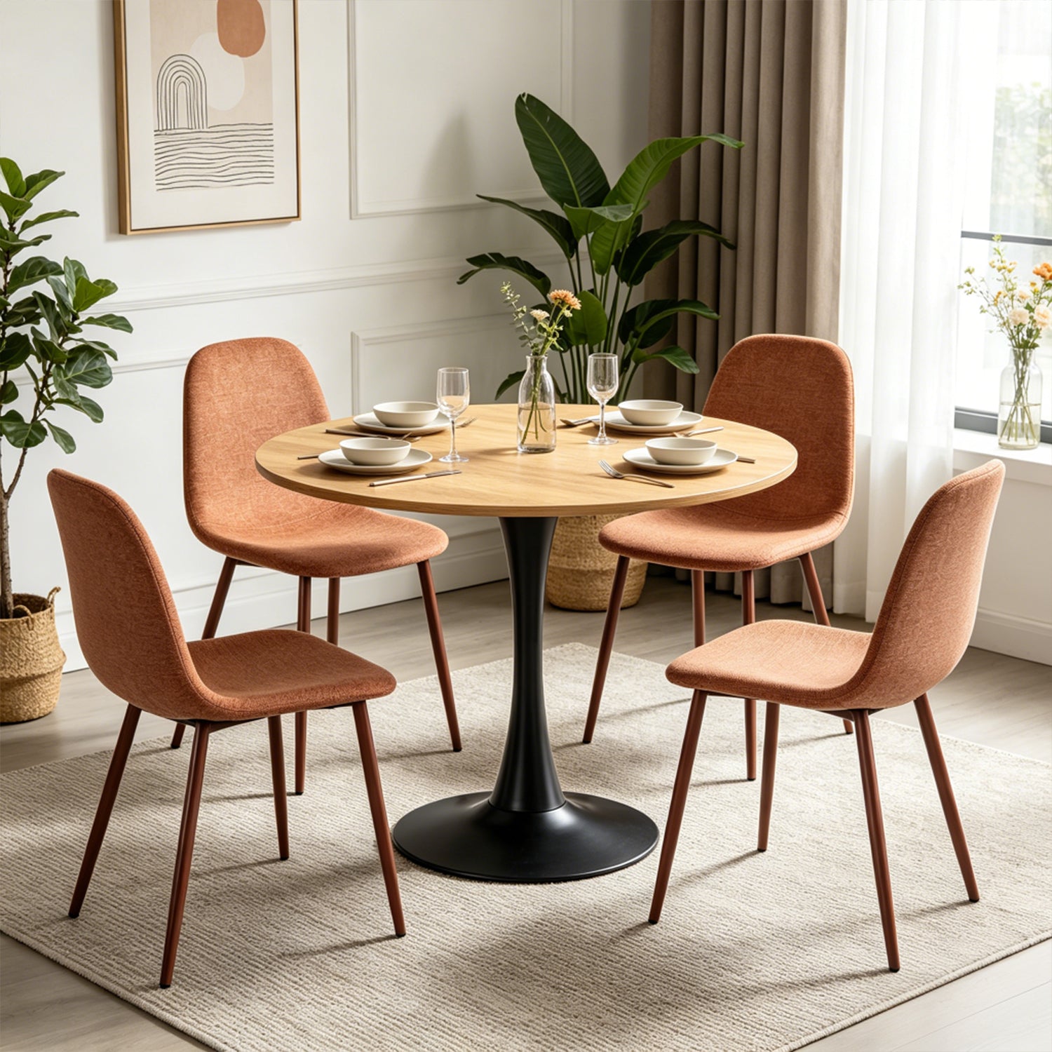 Round Table Table Table Table Timber Ø80 cm with 4 black velvet chairs, modern and comfortable style