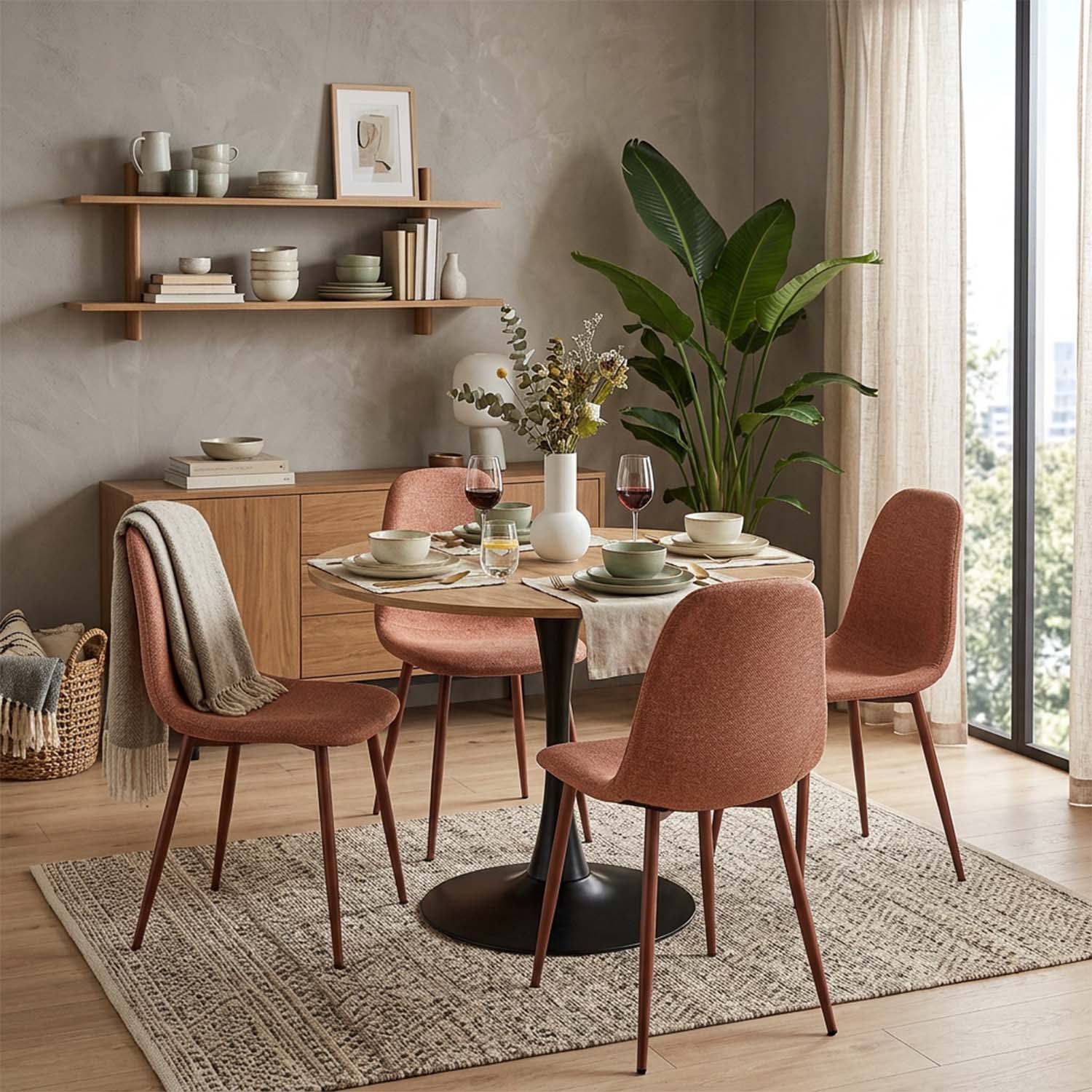 Round Table Table Table Table Timber Ø80 cm with 4 black velvet chairs, modern and comfortable style