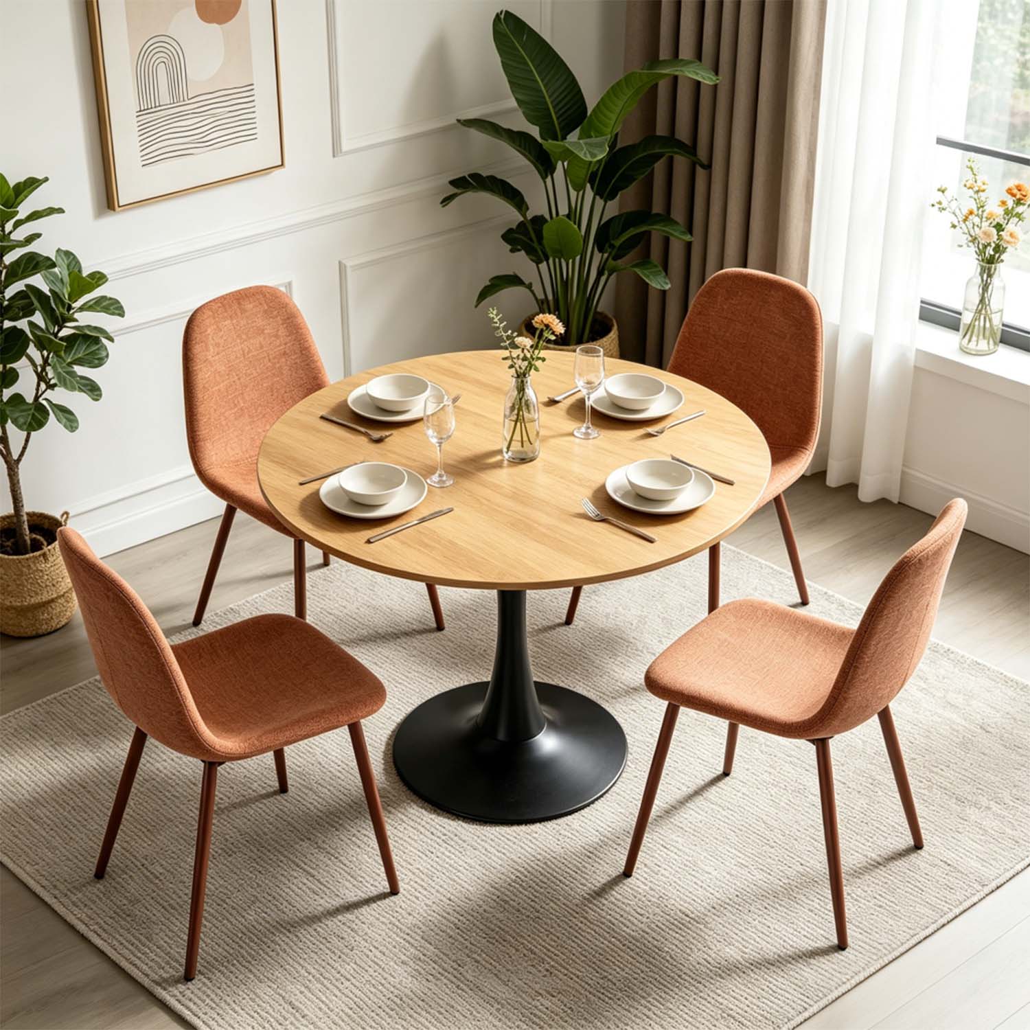 Round Table Table Table Table Timber Ø80 cm with 4 black velvet chairs, modern and comfortable style