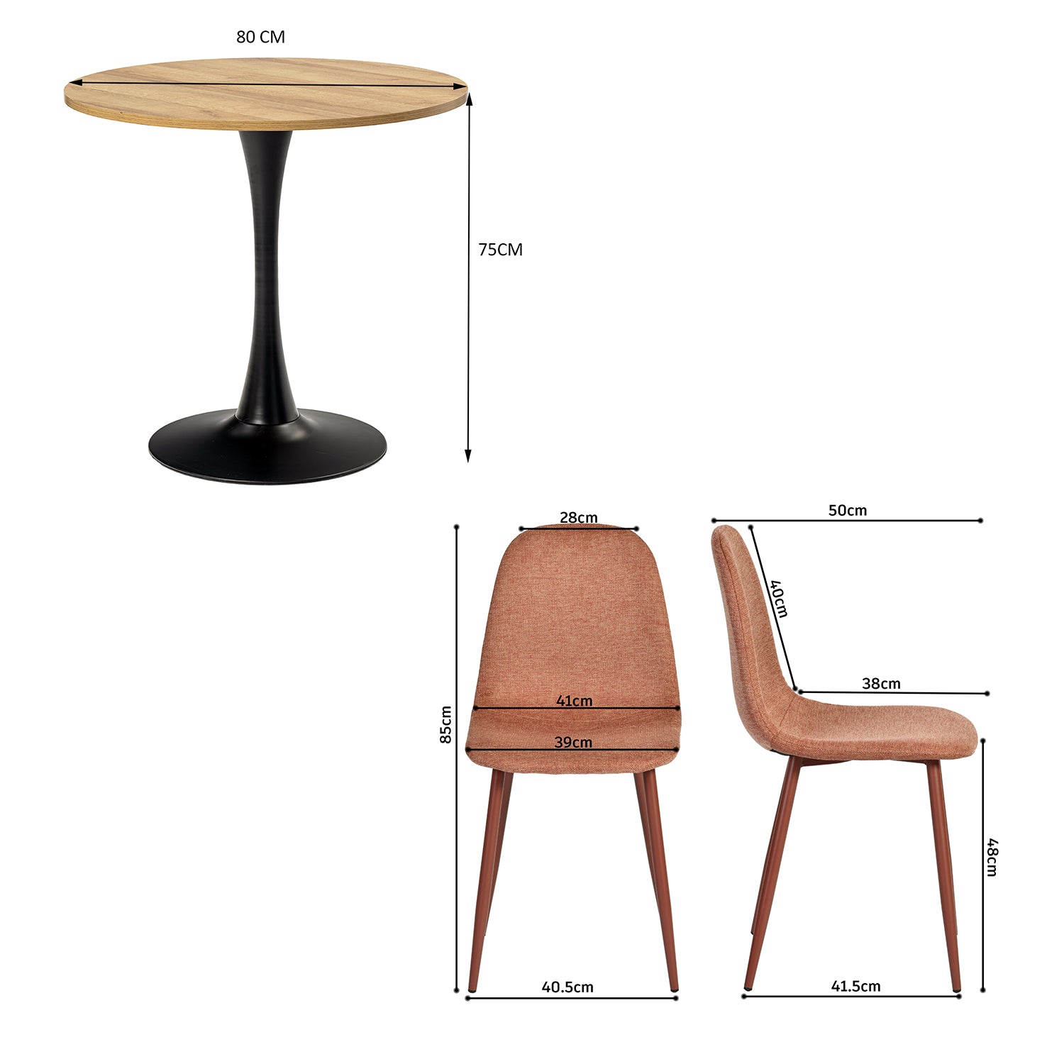 Round Table Table Table Table Timber Ø80 cm with 4 black velvet chairs, modern and comfortable style