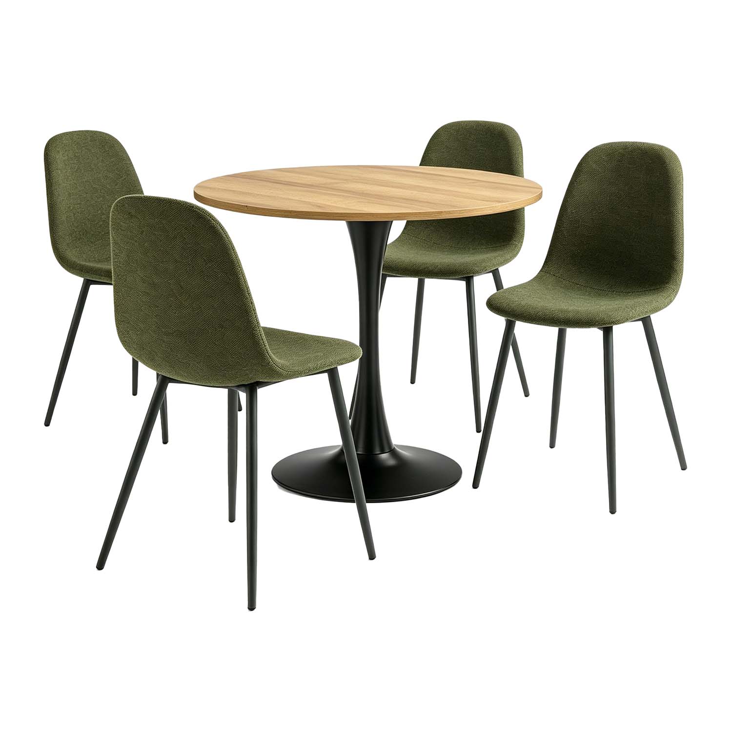 Runder Tisch in Walnussoptik Ø80 cm mit 4 schwarzen Samtstühlen, moderner und komfortabler Stil