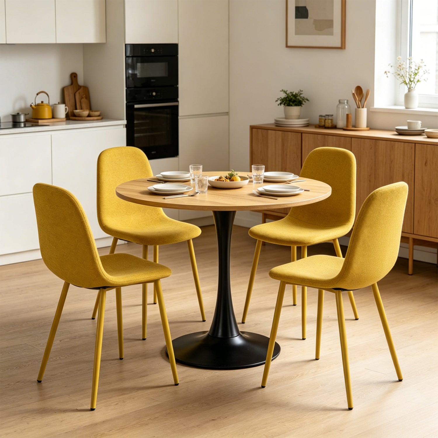 Round Table Table Table Table Timber Ø80 cm with 4 black velvet chairs, modern and comfortable style