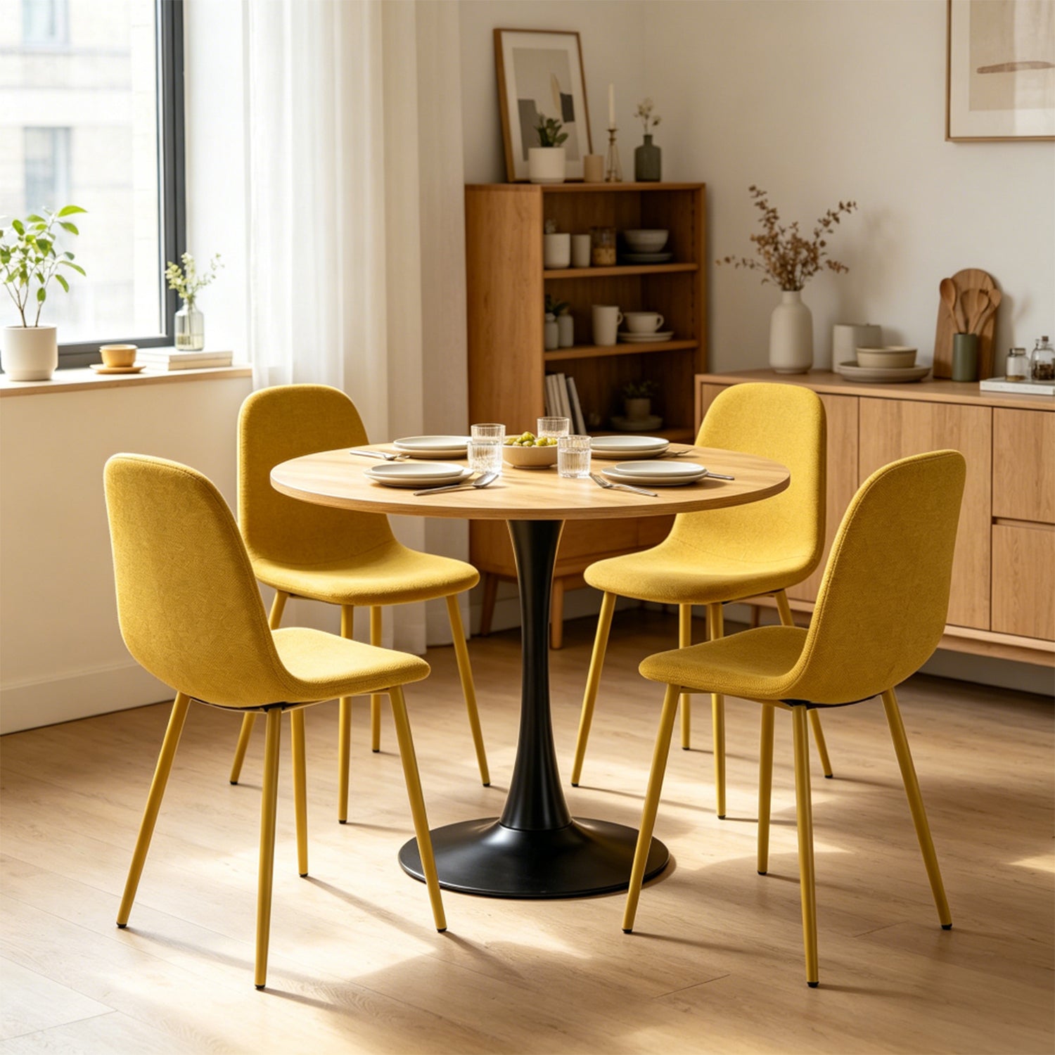 Round Table Table Table Table Timber Ø80 cm with 4 black velvet chairs, modern and comfortable style