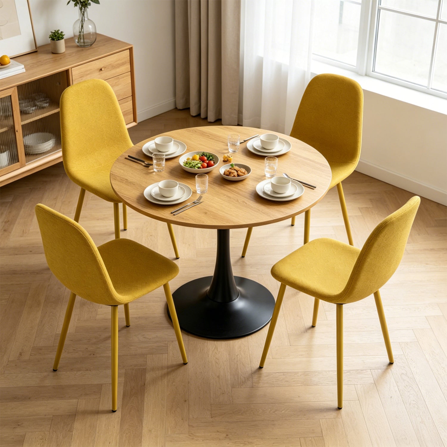 Round Table Table Table Table Timber Ø80 cm with 4 black velvet chairs, modern and comfortable style