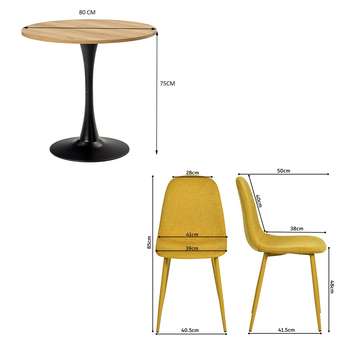 Round Table Table Table Table Timber Ø80 cm with 4 black velvet chairs, modern and comfortable style