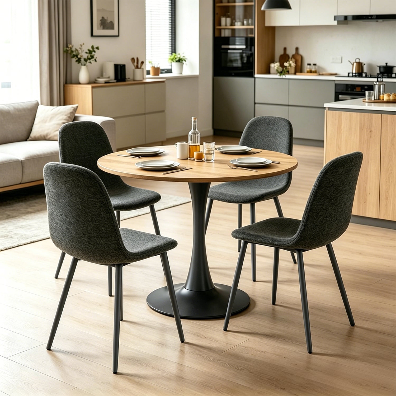 Round Table Table Table Table Timber Ø80 cm with 4 black velvet chairs, modern and comfortable style