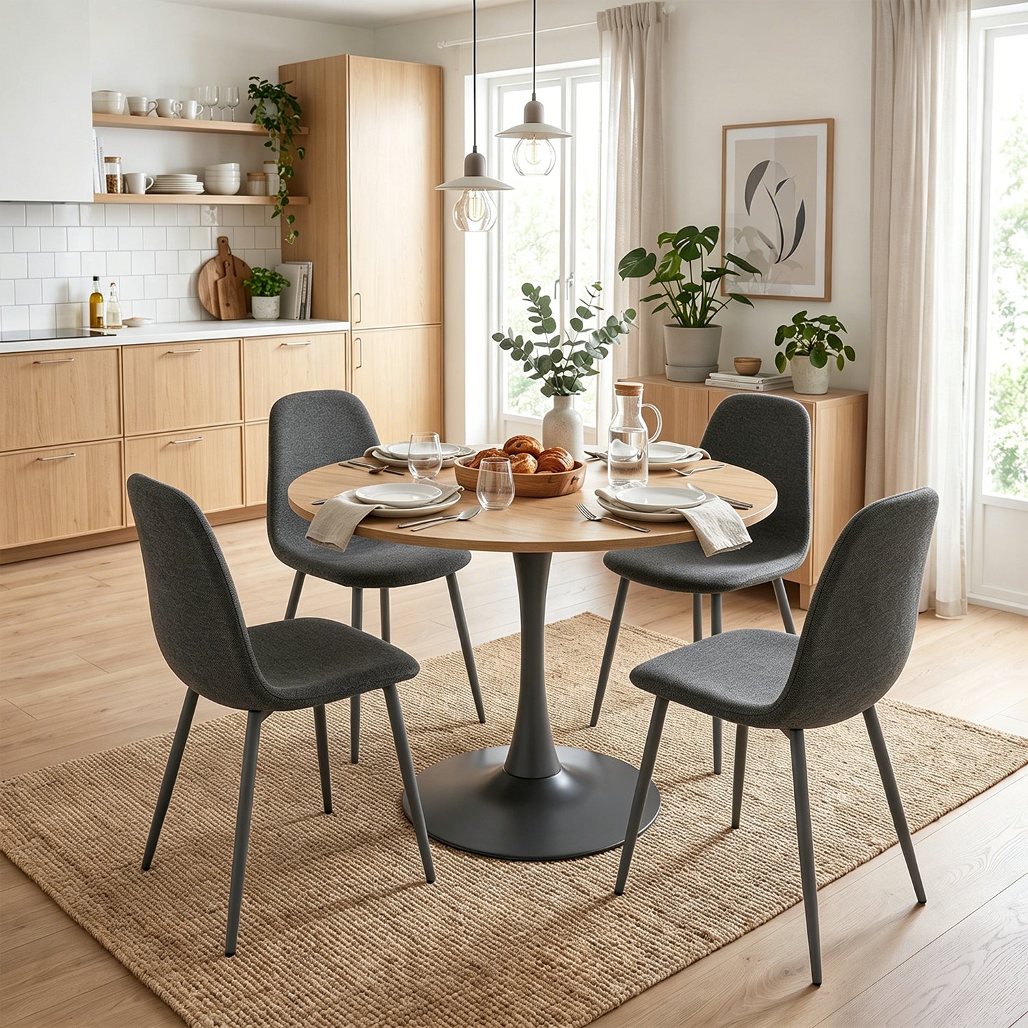 Round Table Table Table Table Timber Ø80 cm with 4 black velvet chairs, modern and comfortable style