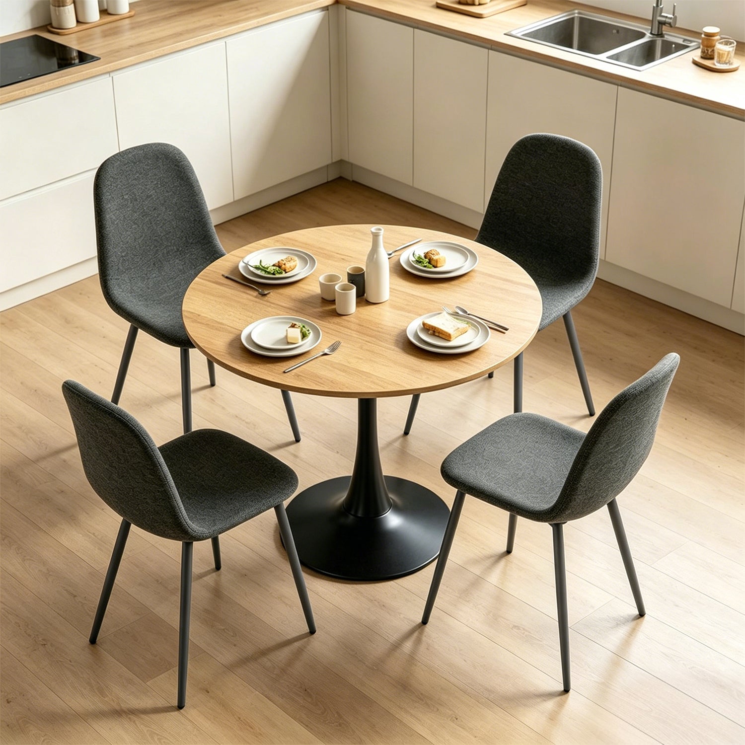 Round Table Table Table Table Timber Ø80 cm with 4 black velvet chairs, modern and comfortable style