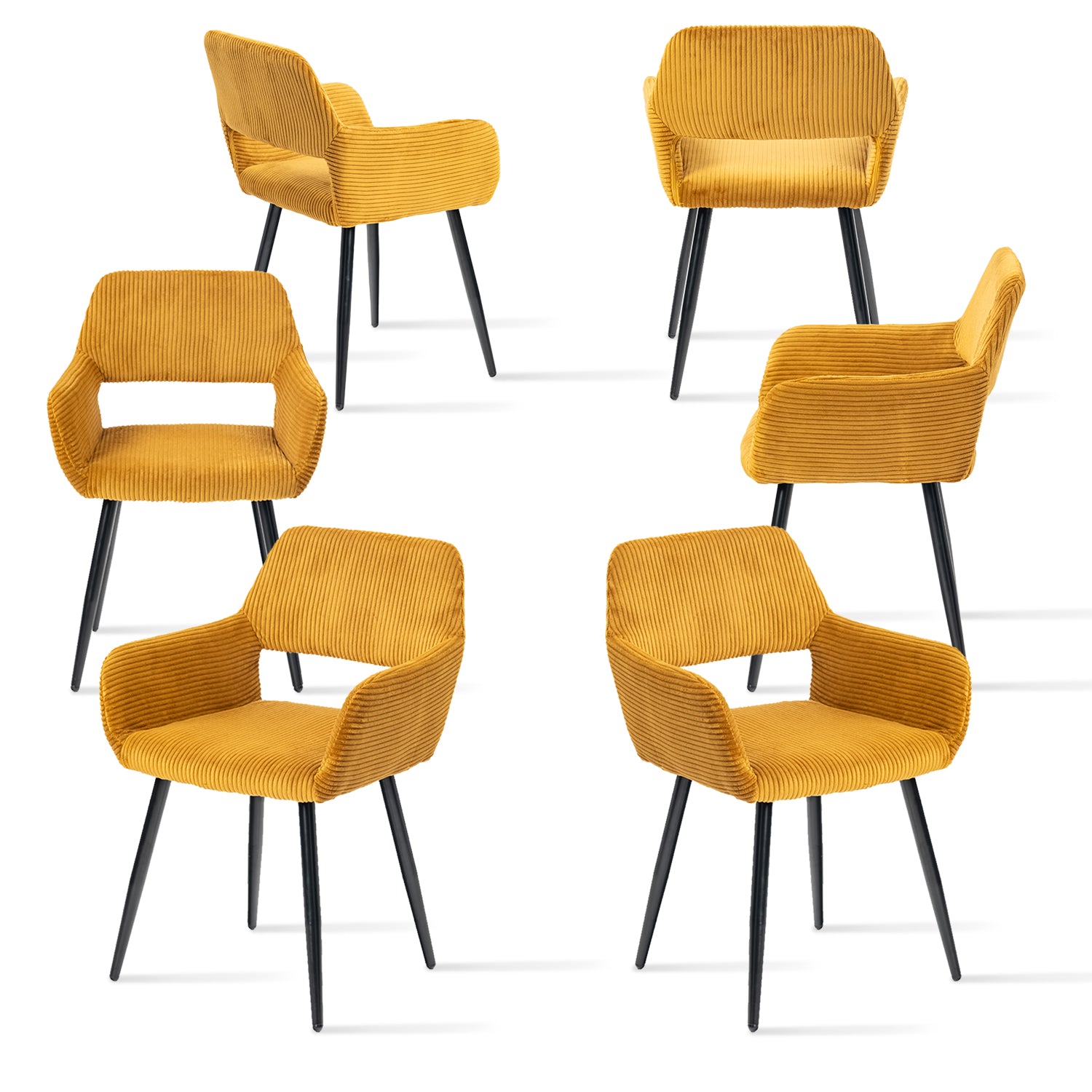 Set of 6 Scandinavian dining room armchairs with Safran yellow velvet armrests - Cromwell Corduroy