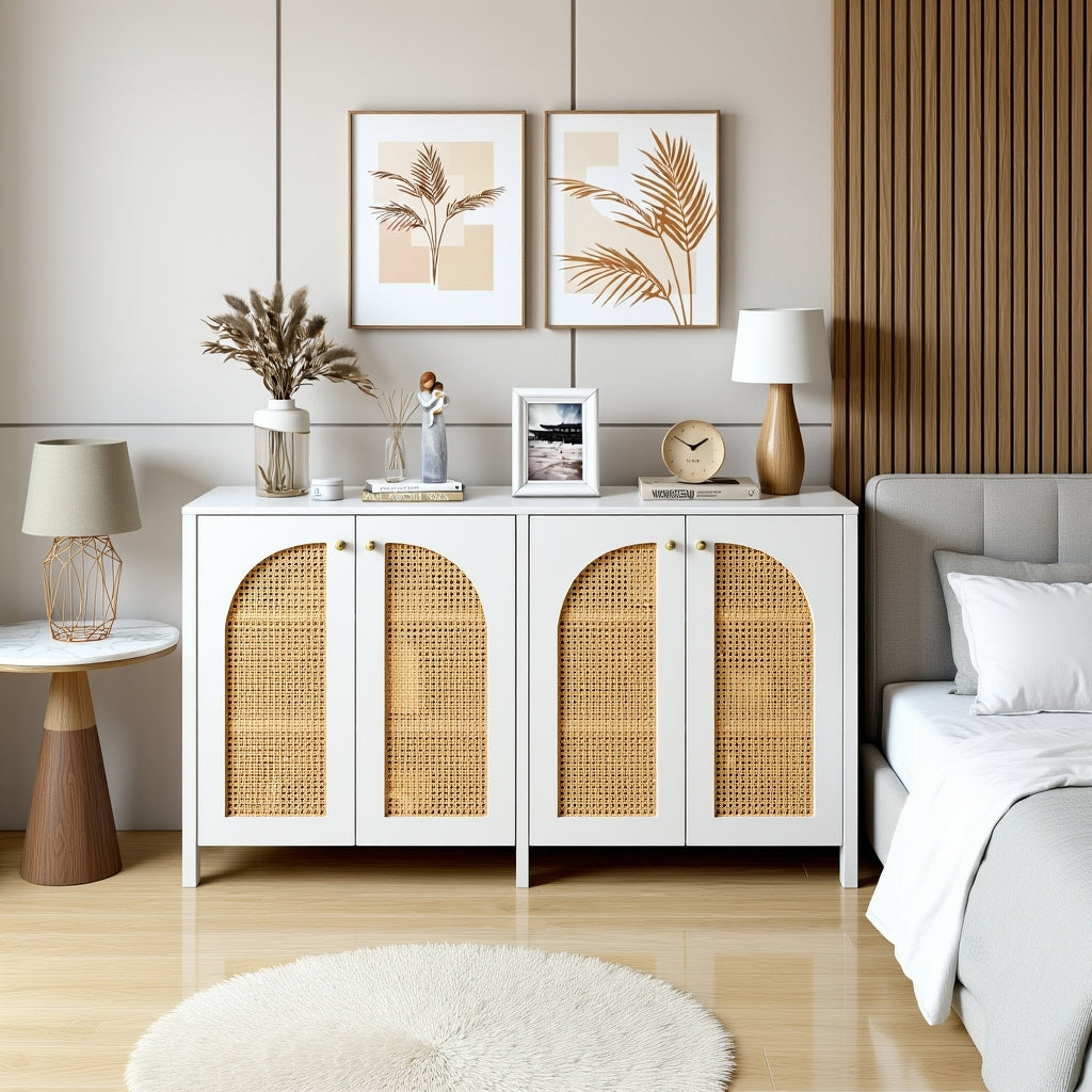Modernes weißes Buffet in MDF mit 4 Pe -Rattan -Türen und Metallgriffen