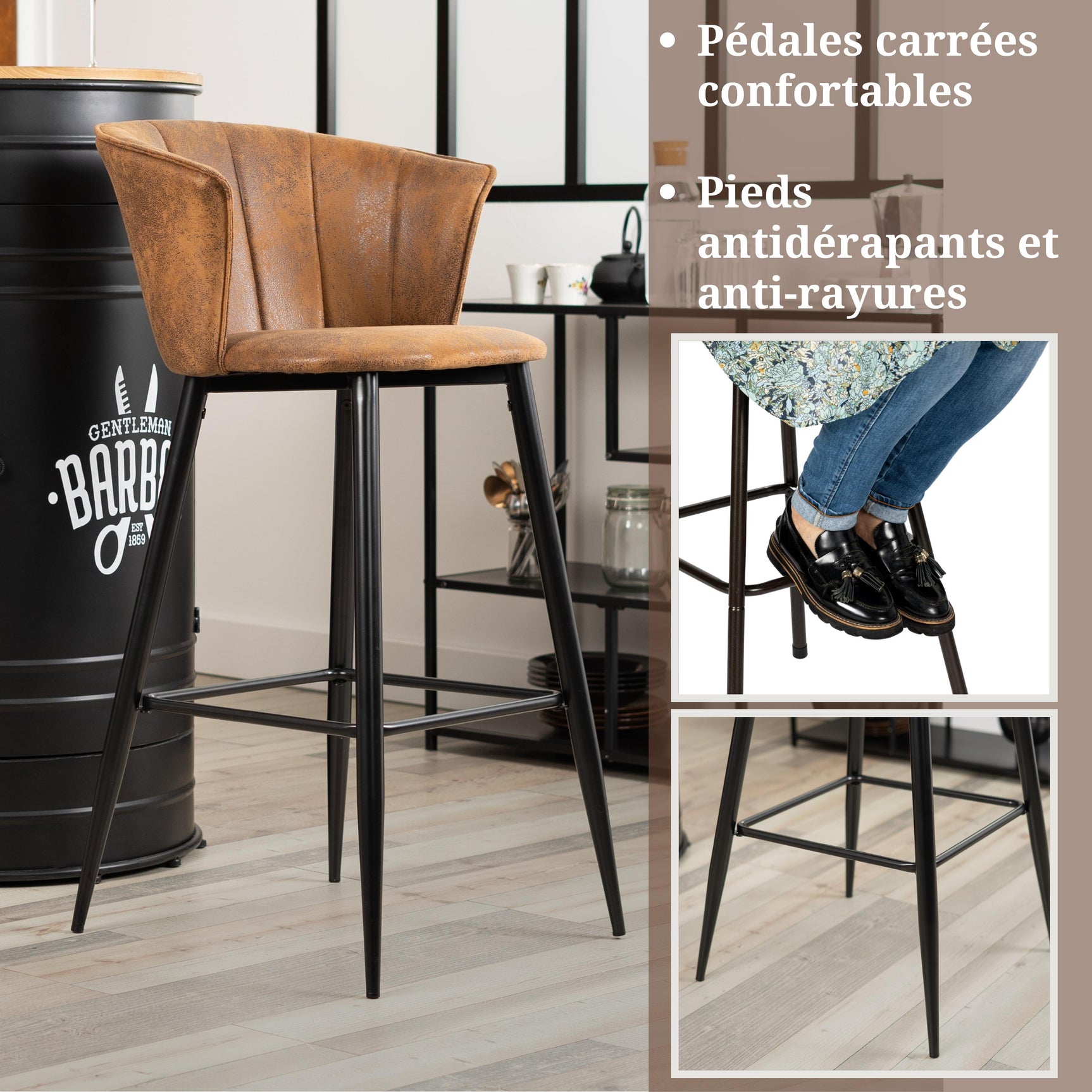 Lot de 2 tabourets de bar industriels avec accoudoirs et dossier en suédine - DONCIC BAR