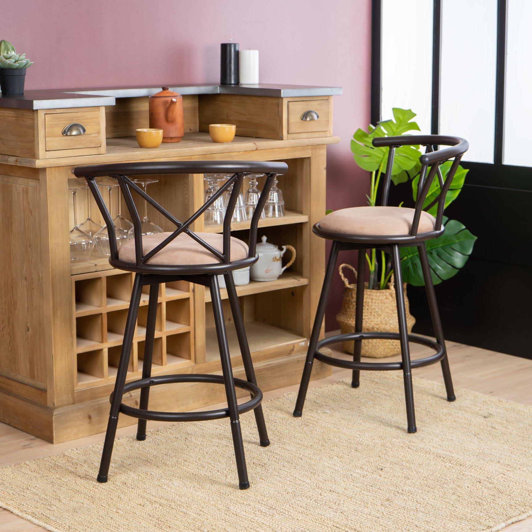 Lot de 2 tabourets de bar industriels pivotants avec dossier en tissu marron - HAILEY 24