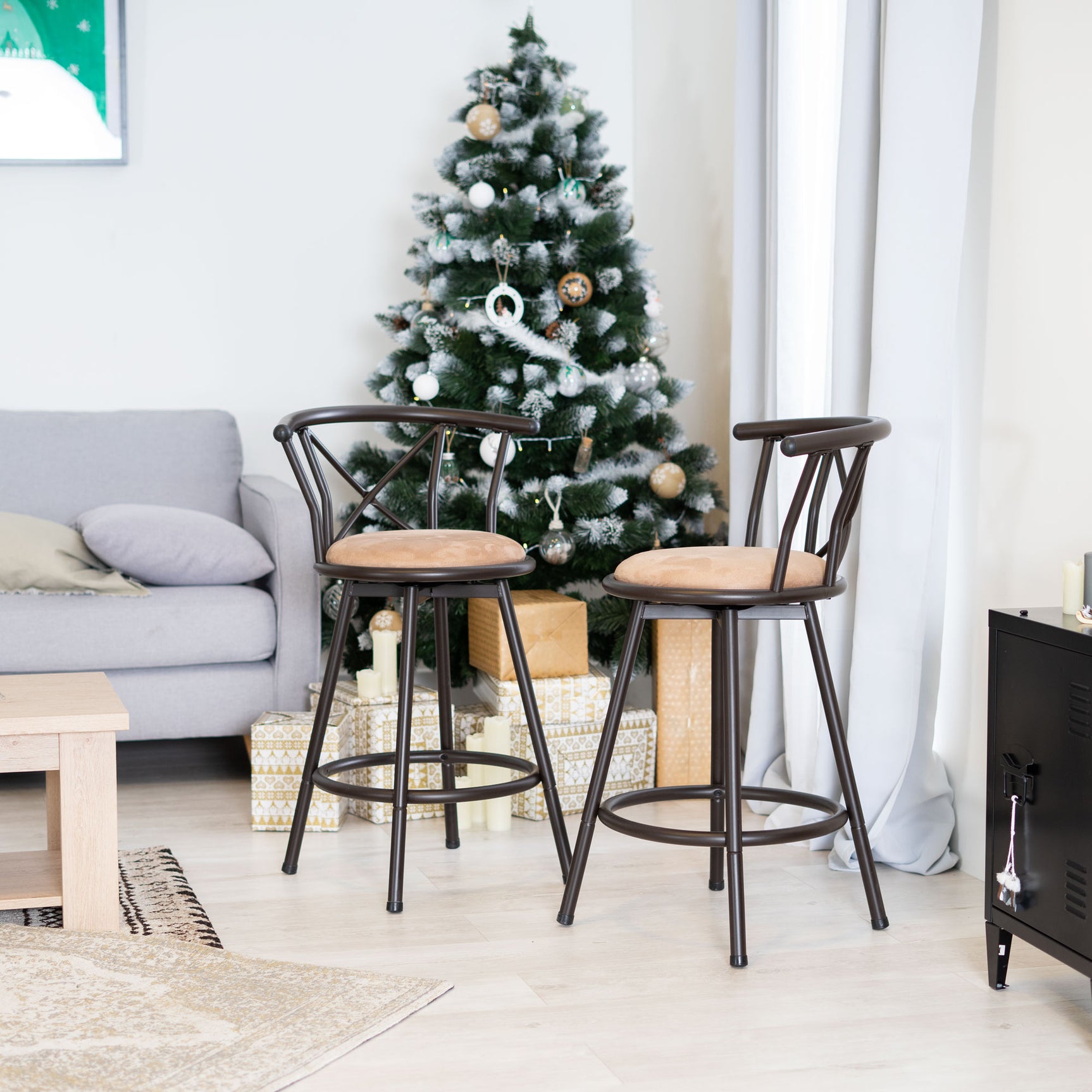 Lot de 2 tabourets de bar industriels pivotants avec dossier en tissu marron - HAILEY 24