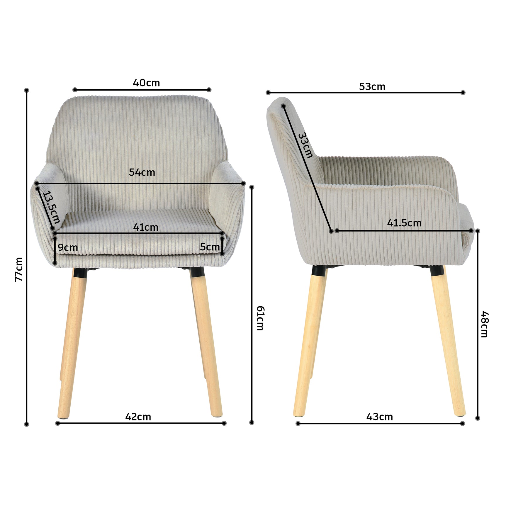 Lot de 4 chaises de salle à manger de style scandinave avec pieds en bois et accoudoirs en velours côtelé gris - ELIA