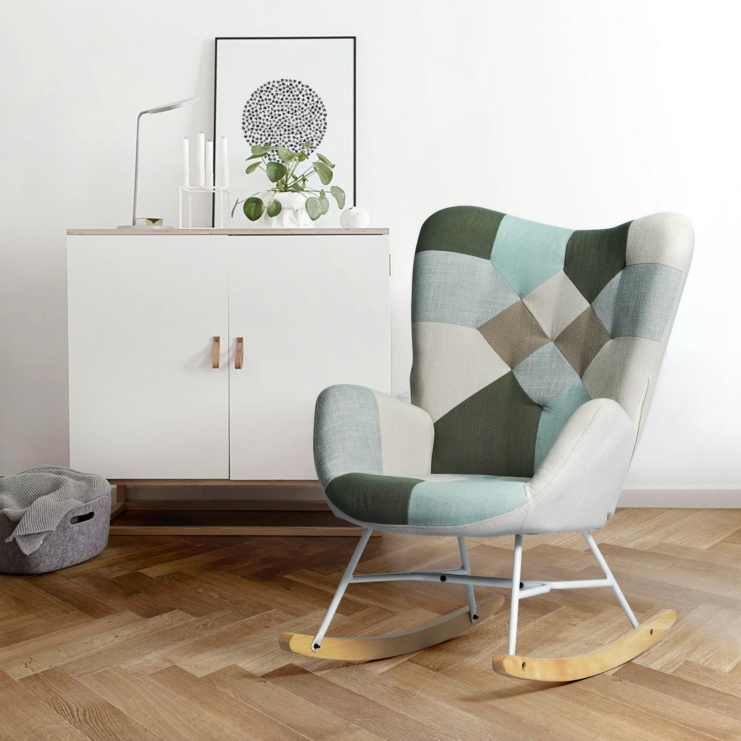 Scandinavian breastfeeding armchair with armrests in Aqua padded patchwork fabric - Epping