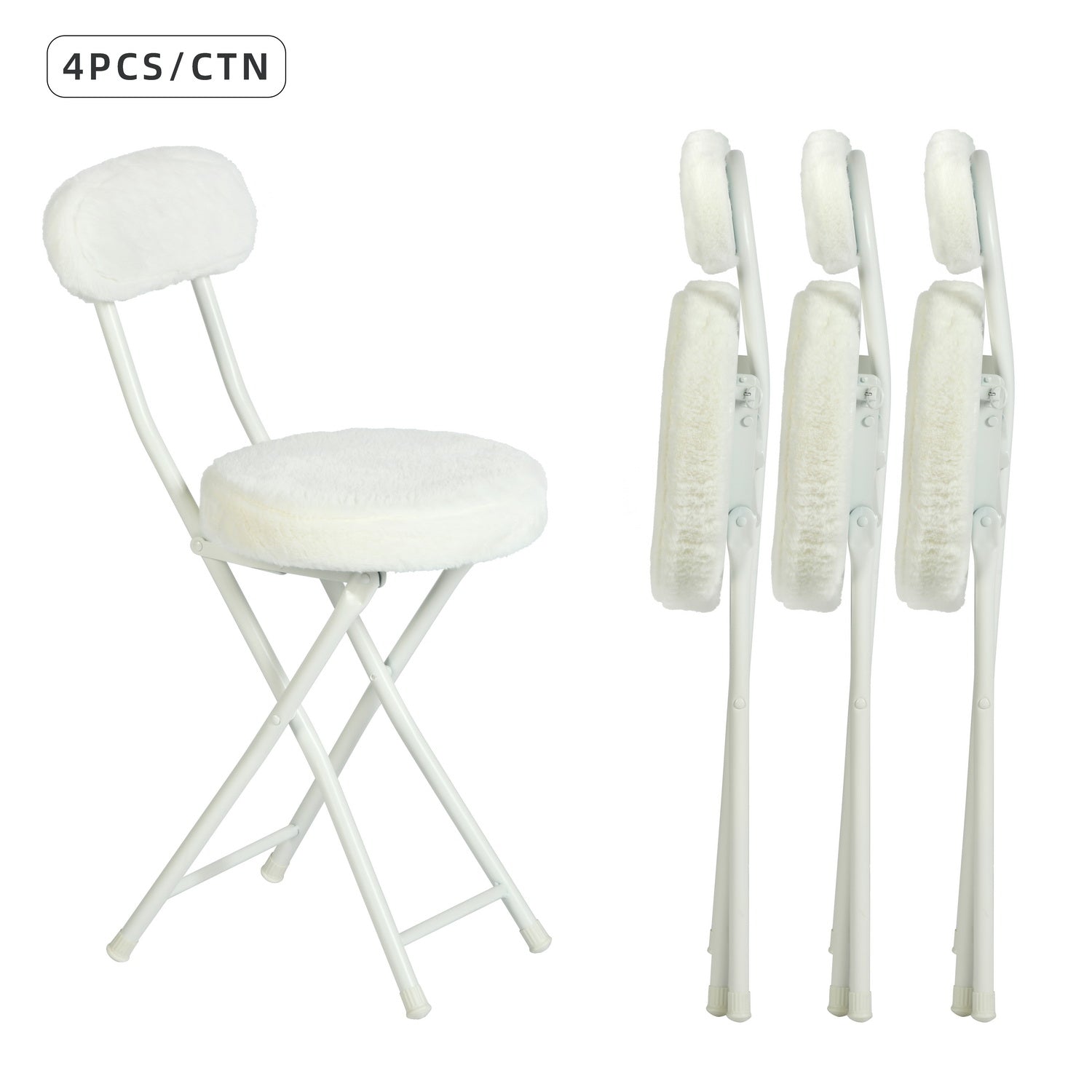 Lot de 4 chaises/tabourets pliantes, assise ronde en tissu effet fausse fourrure blanche - ERNST