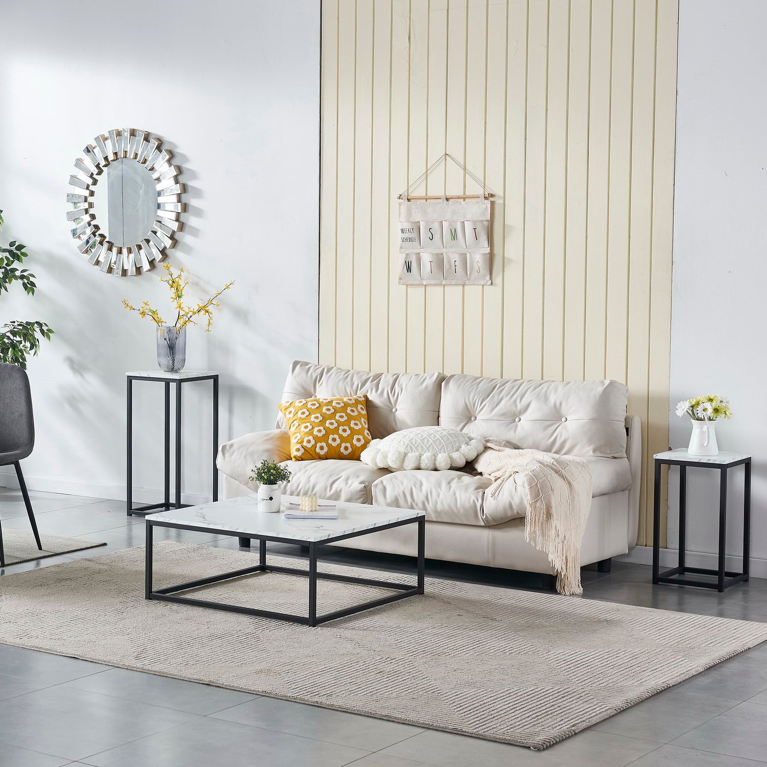Zeitgenössischer Stil quadratischer Couchtisch, Marmoreffekt Holzschale, Black Metal Struktur - facto