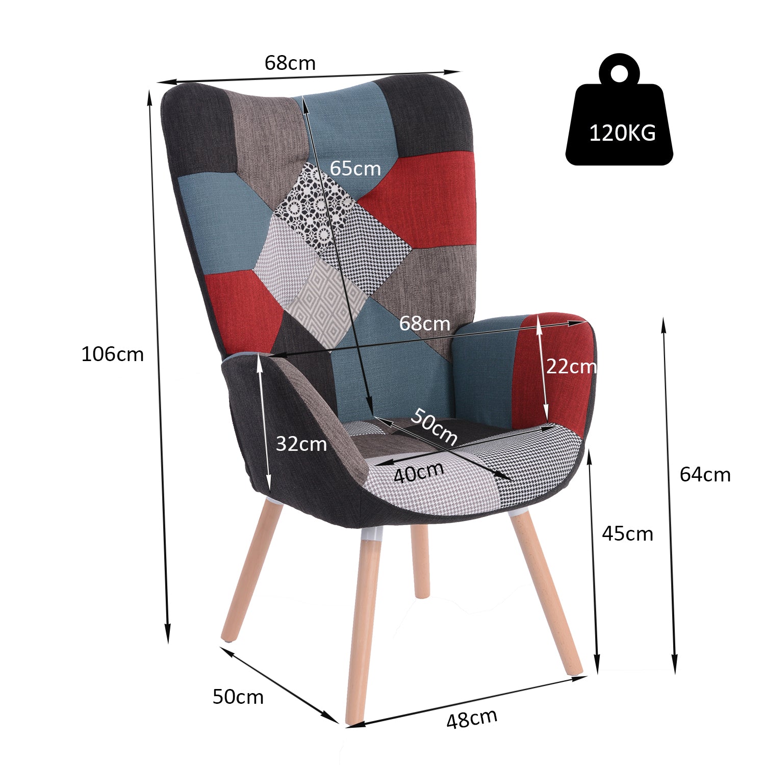 Skandinavischer Sessel mit Armlehnen im Stich Patchwork -Stoff - Funkel