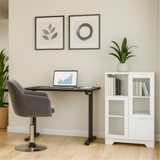 Buffet en MDF laqué blanc 65x30x100 cm avec portes vitrées, tiroir et espaces de rangement ouverts, idéal pour salon, chambre ou entrée