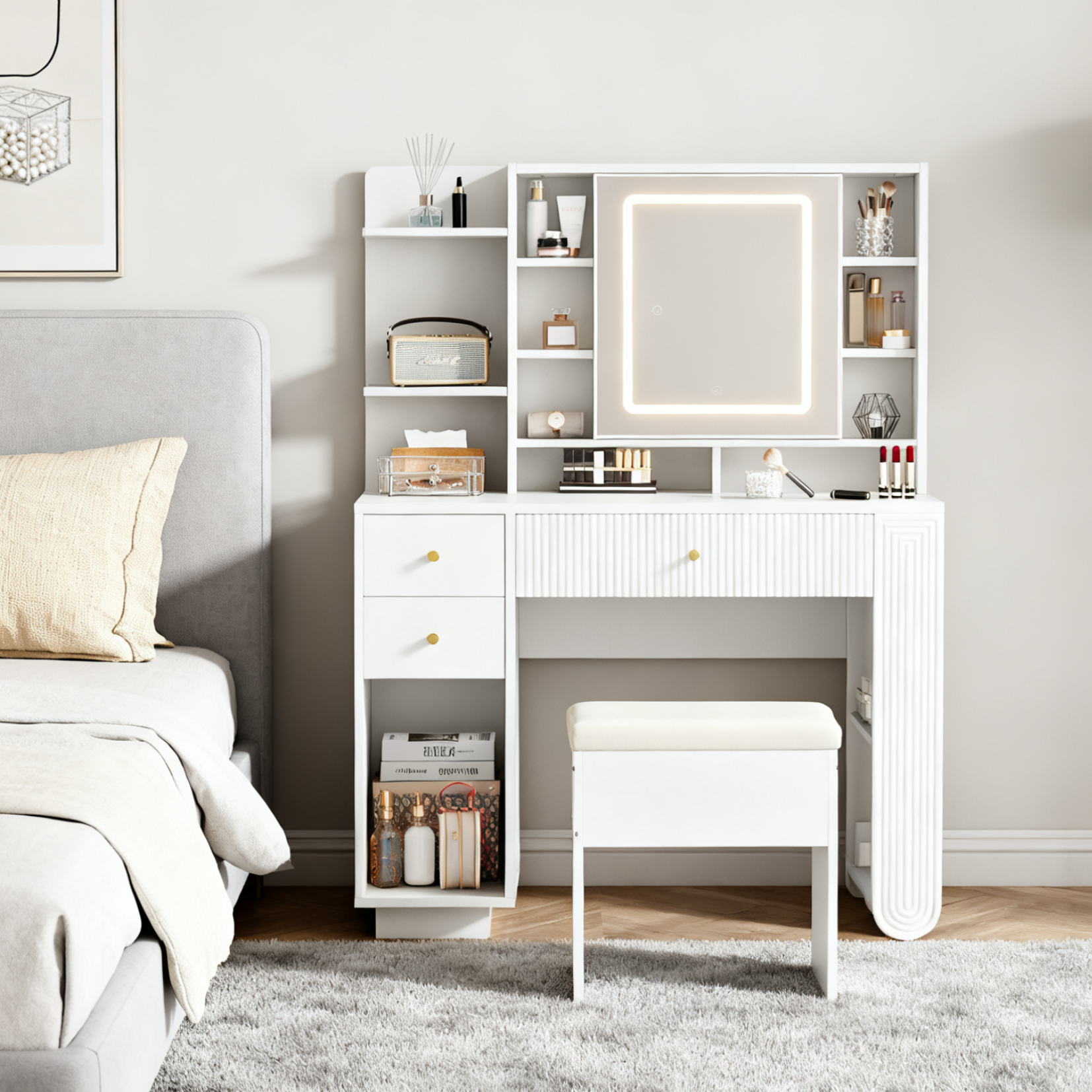 Coiffeuse moderne avec miroir éclairé & tabouret â€?Table de maquillage avec éclairage réglable, tiroirs & rangements ouverts