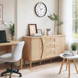 Buffet en bois avec portes coulissantes en cannage, 3 tiroirs et étagères réglables, plateau arrondi