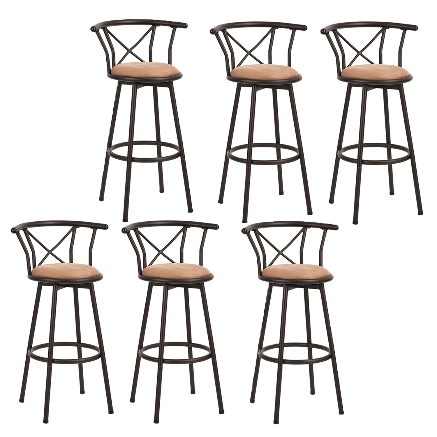 Set von 6 schwenkbaren Industriestangenhockern mit brauner Stoffrückländer - Hailey 29