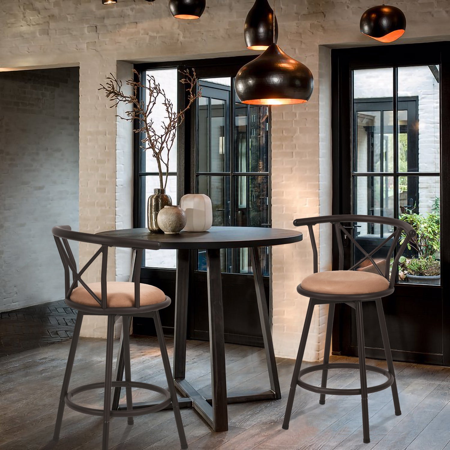 Set of 6 swivel industrial bar stools with brown fabric backrest - Hailey 24