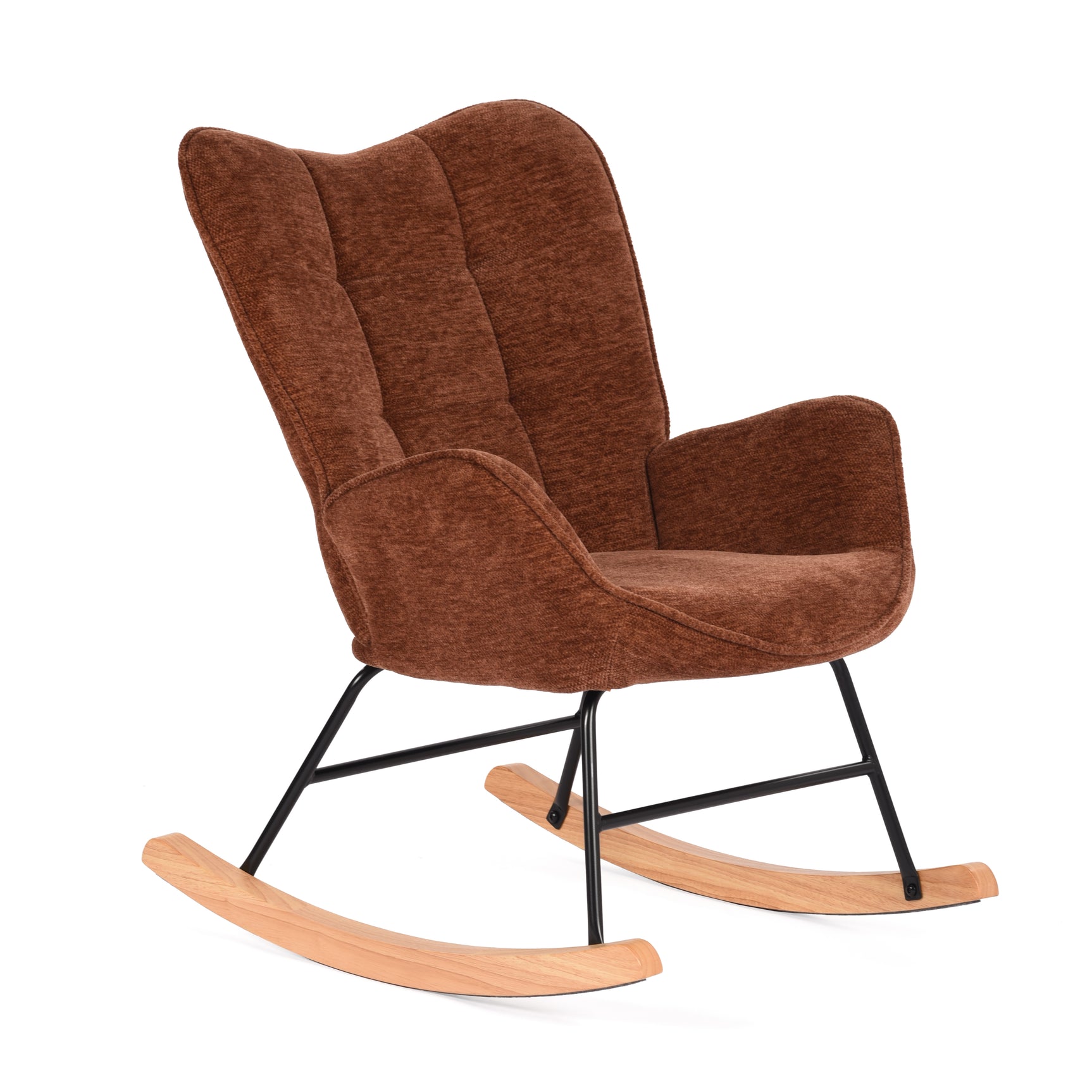 Fauteuil à bascule allaitement scandinave avec accoudoirs en chenille rouge brique à surpiqûres - KANAS