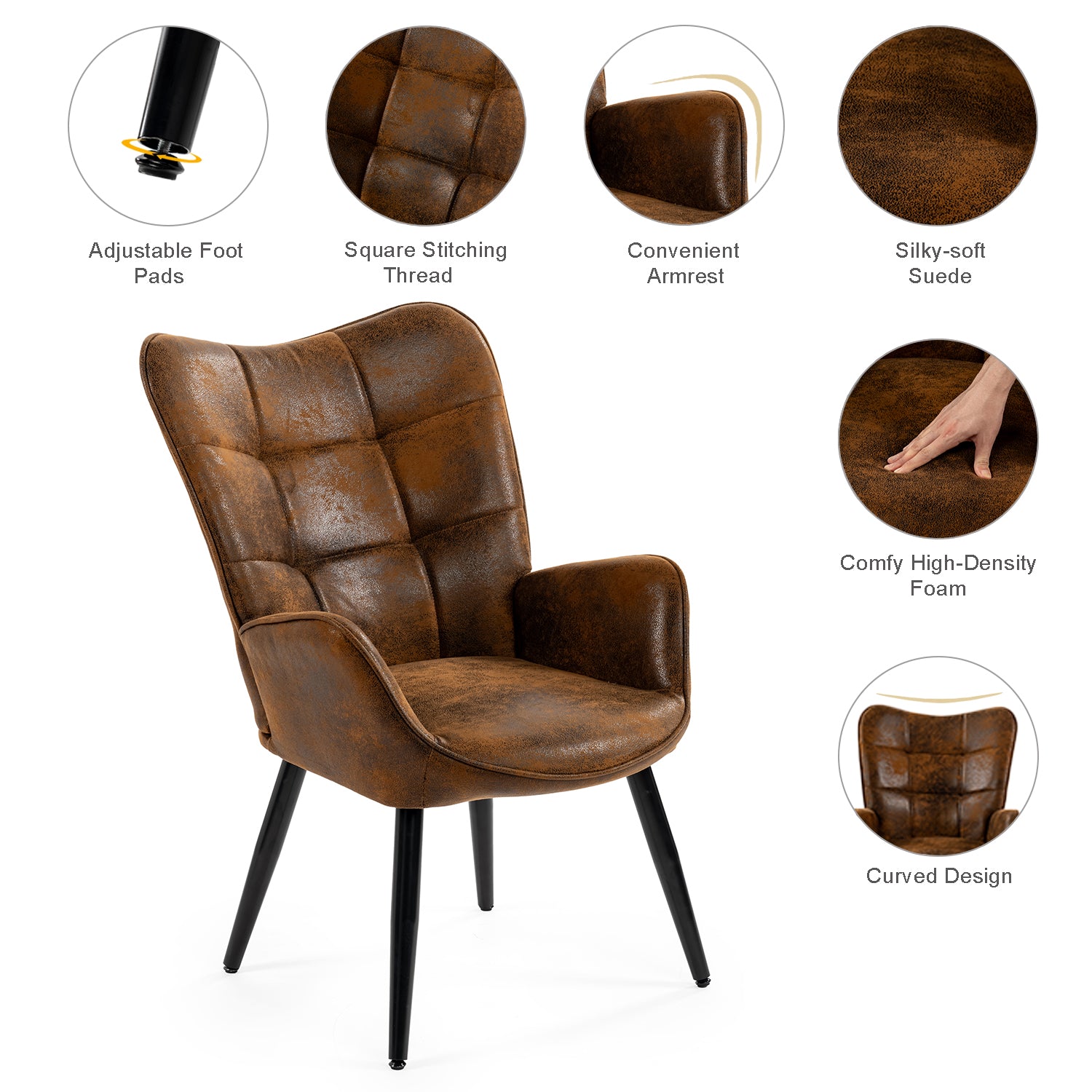 Fauteuil scandinave avec accoudoirs en suédine à surpiqûres - KANAS