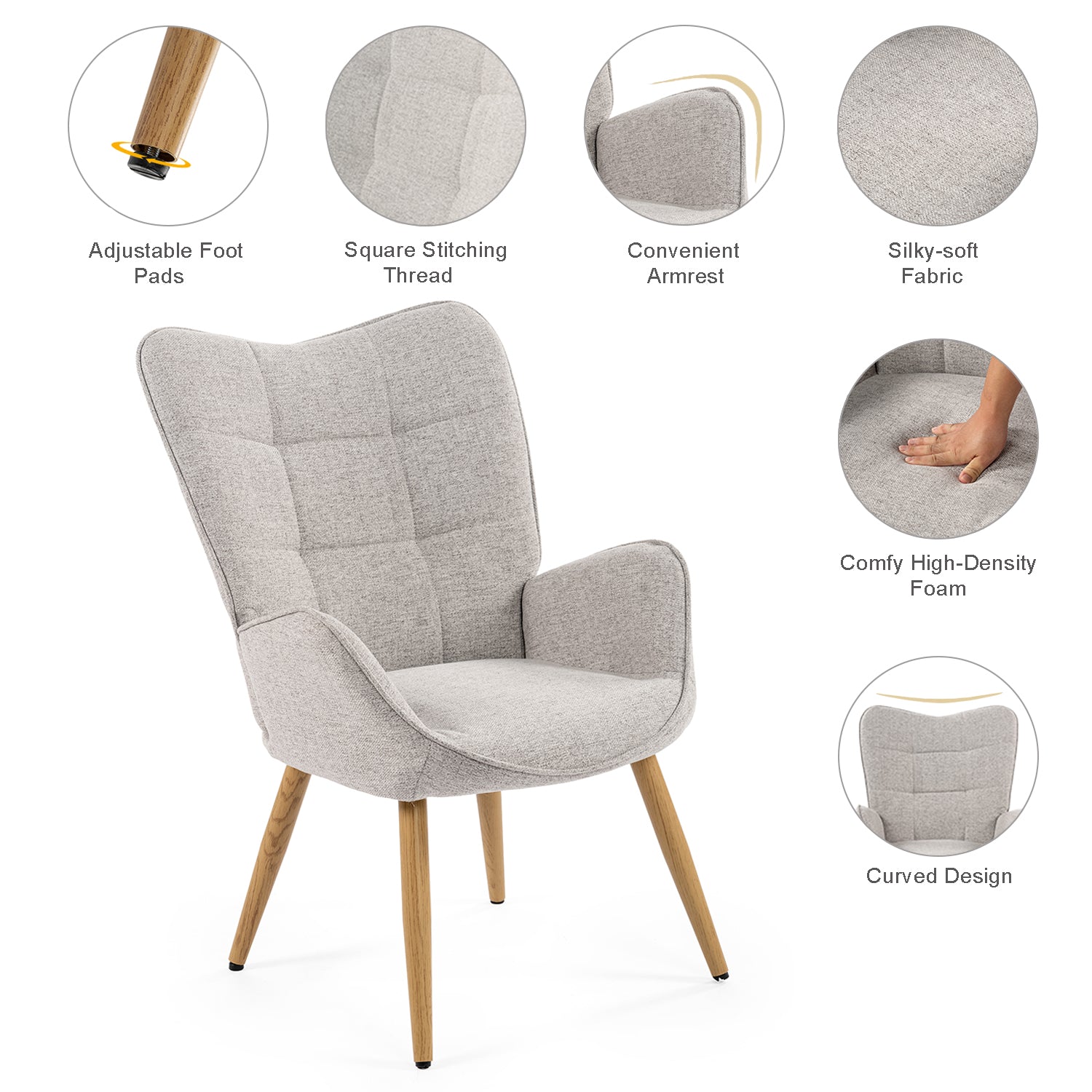 Fauteuil scandinave avec accoudoirs en tissu gris à surpiqûres - KANAS