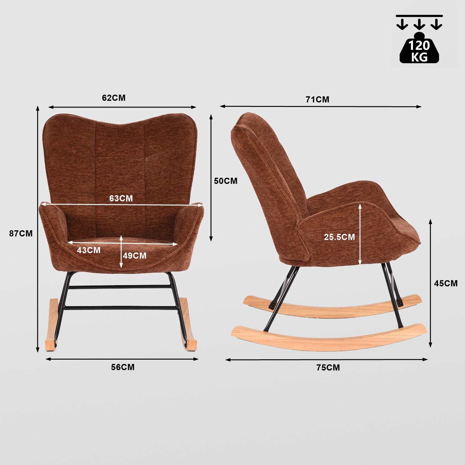 Fauteuil à bascule allaitement scandinave avec accoudoirs en chenille rouge brique à surpiqûres - KANAS