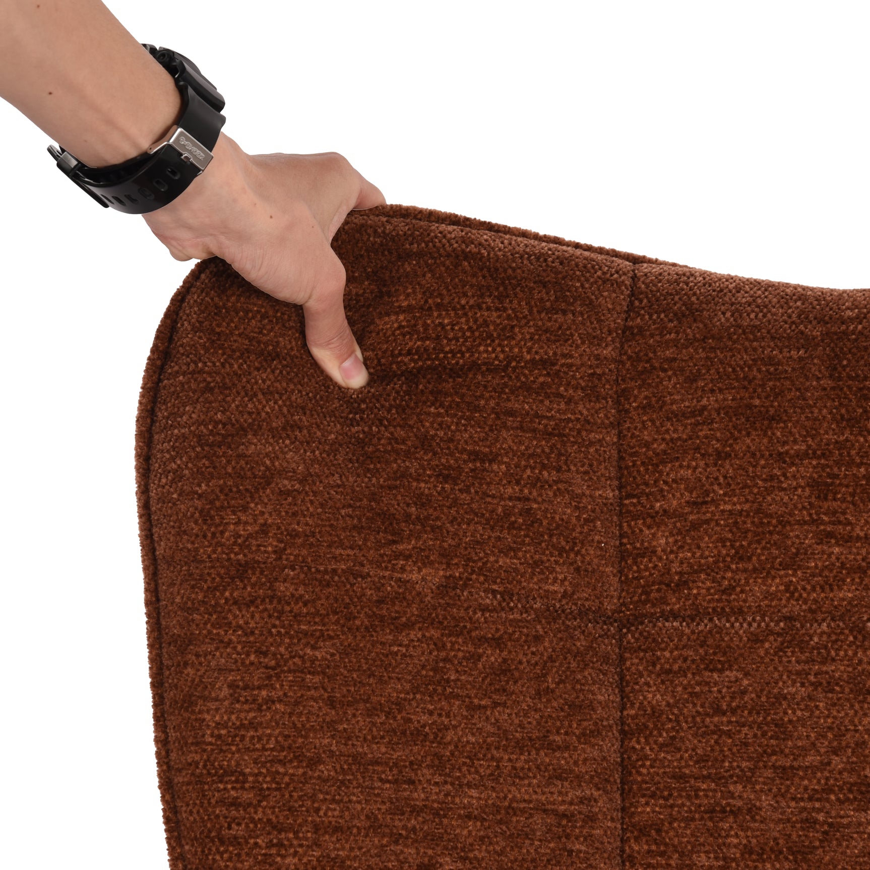 Fauteuil à bascule allaitement scandinave avec accoudoirs en chenille rouge brique à surpiqûres - KANAS
