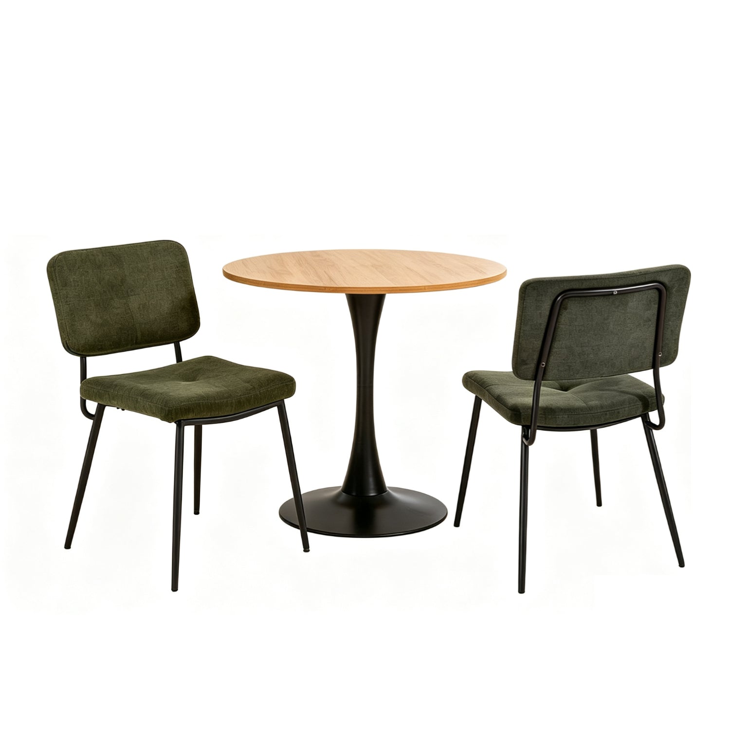 Ensemble de salle à manger de style scandinave composé d'une table ronde en chêne et de 2 chaises en tissu vert