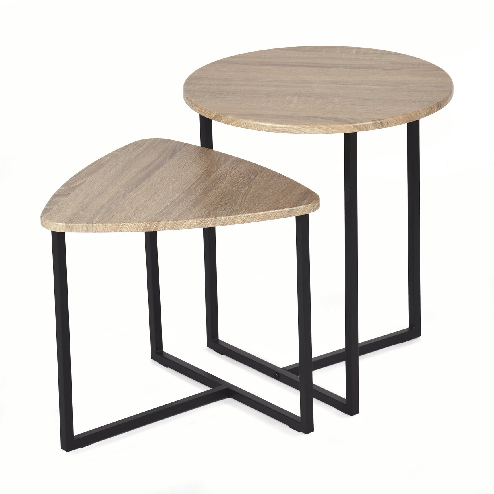 Lot de 2 tables basses gigognes style industriel en métal noir et bois imitation chêne - LAYA