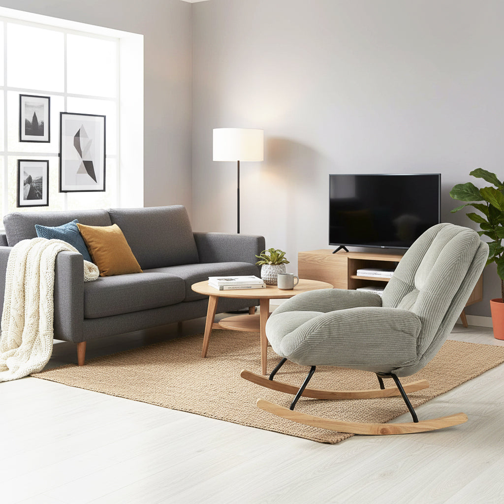 Fauteuil à bascule scandinave en velours côtelé avec accoudoirs pour salon ou chambre à coucher, gris - LITHOPS