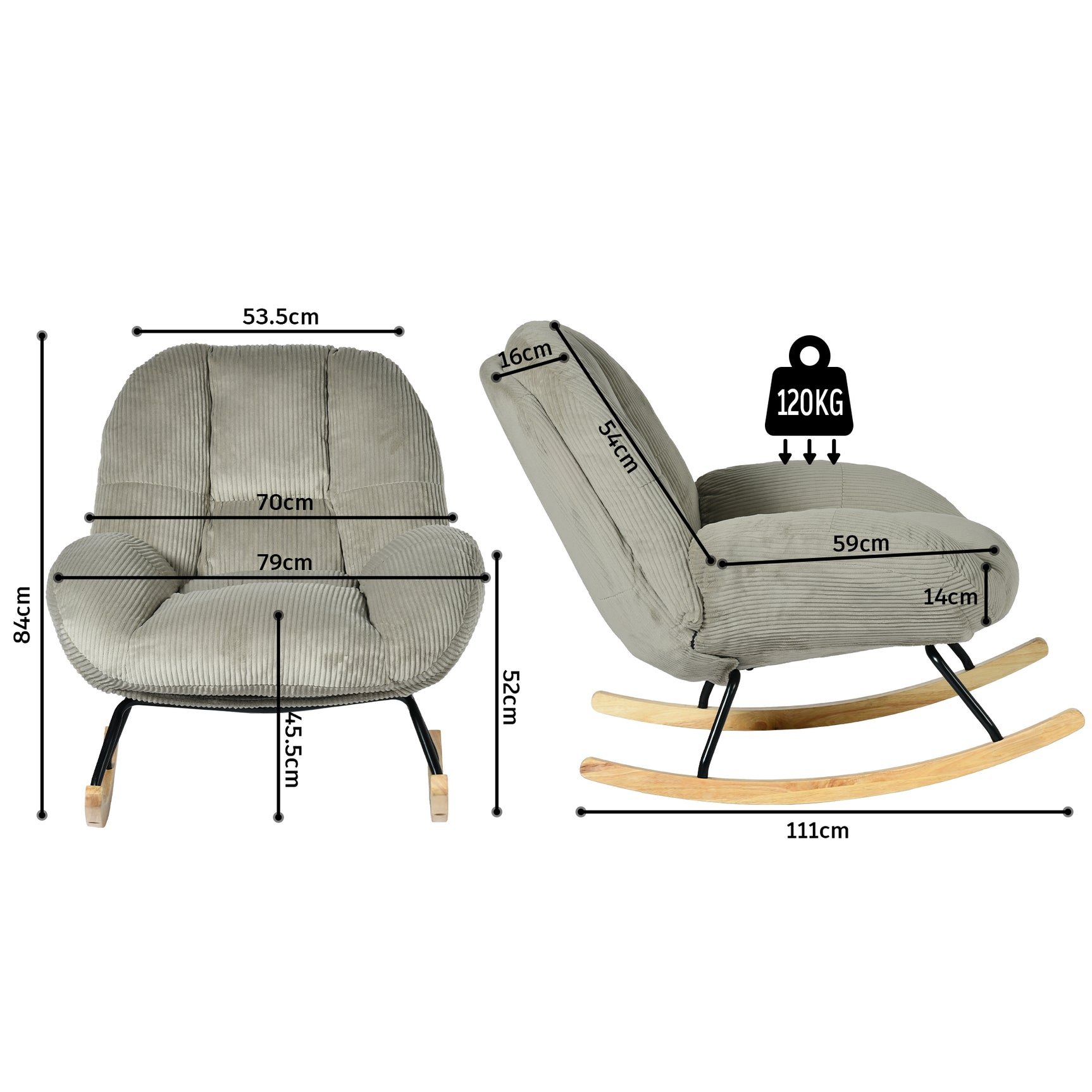 Fauteuil à bascule scandinave en velours côtelé avec accoudoirs pour salon ou chambre à coucher, gris - LITHOPS