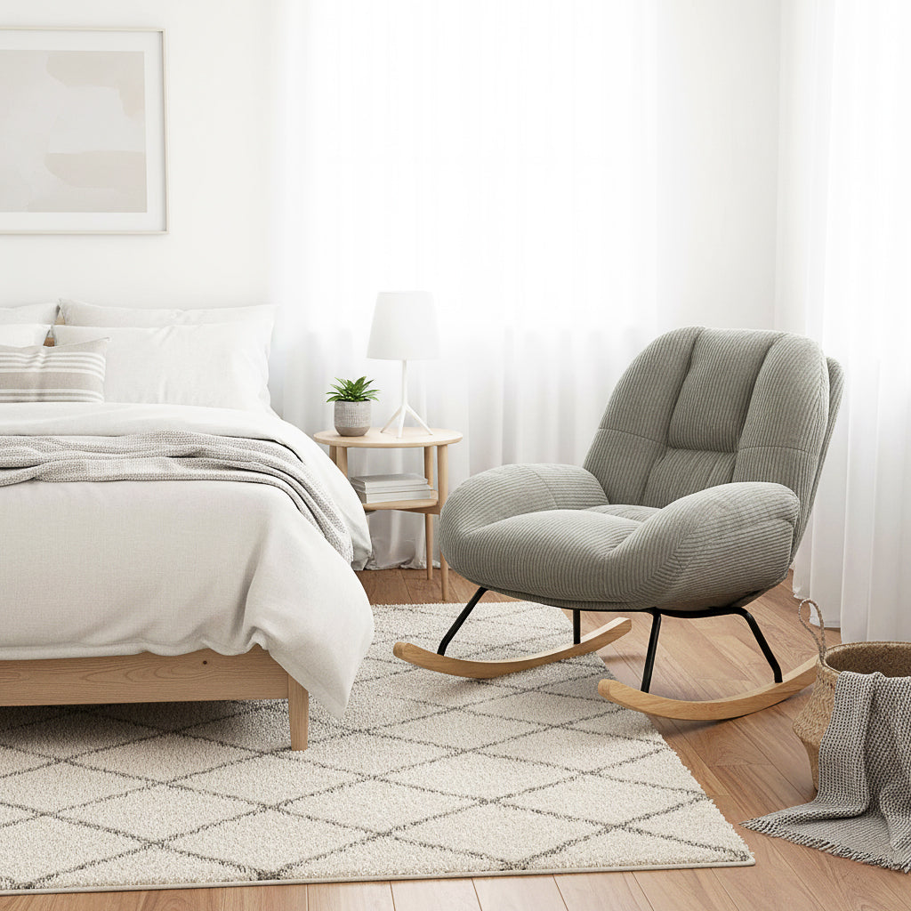 Fauteuil à bascule scandinave en velours côtelé avec accoudoirs pour salon ou chambre à coucher, gris - LITHOPS
