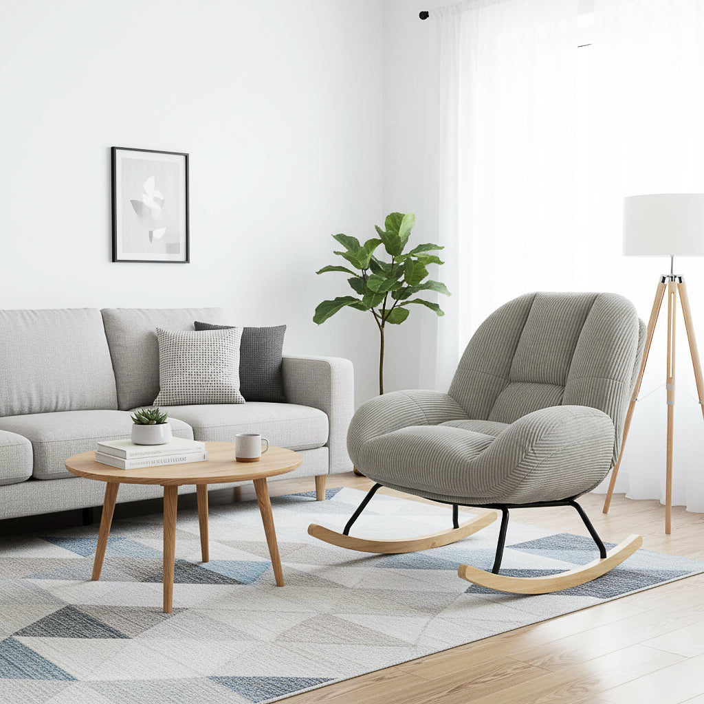 Fauteuil à bascule scandinave en velours côtelé avec accoudoirs pour salon ou chambre à coucher, gris - LITHOPS