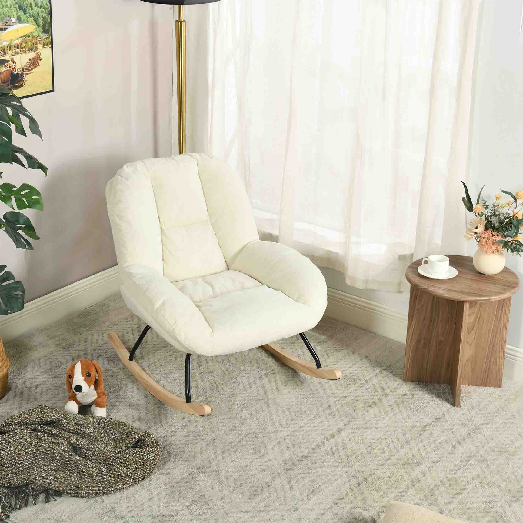 Lot de 2 fauteuil à bascule scandinave en tissu chenille avec accoudoirs pour salon ou chambre à coucher, beige - LITHOPS
