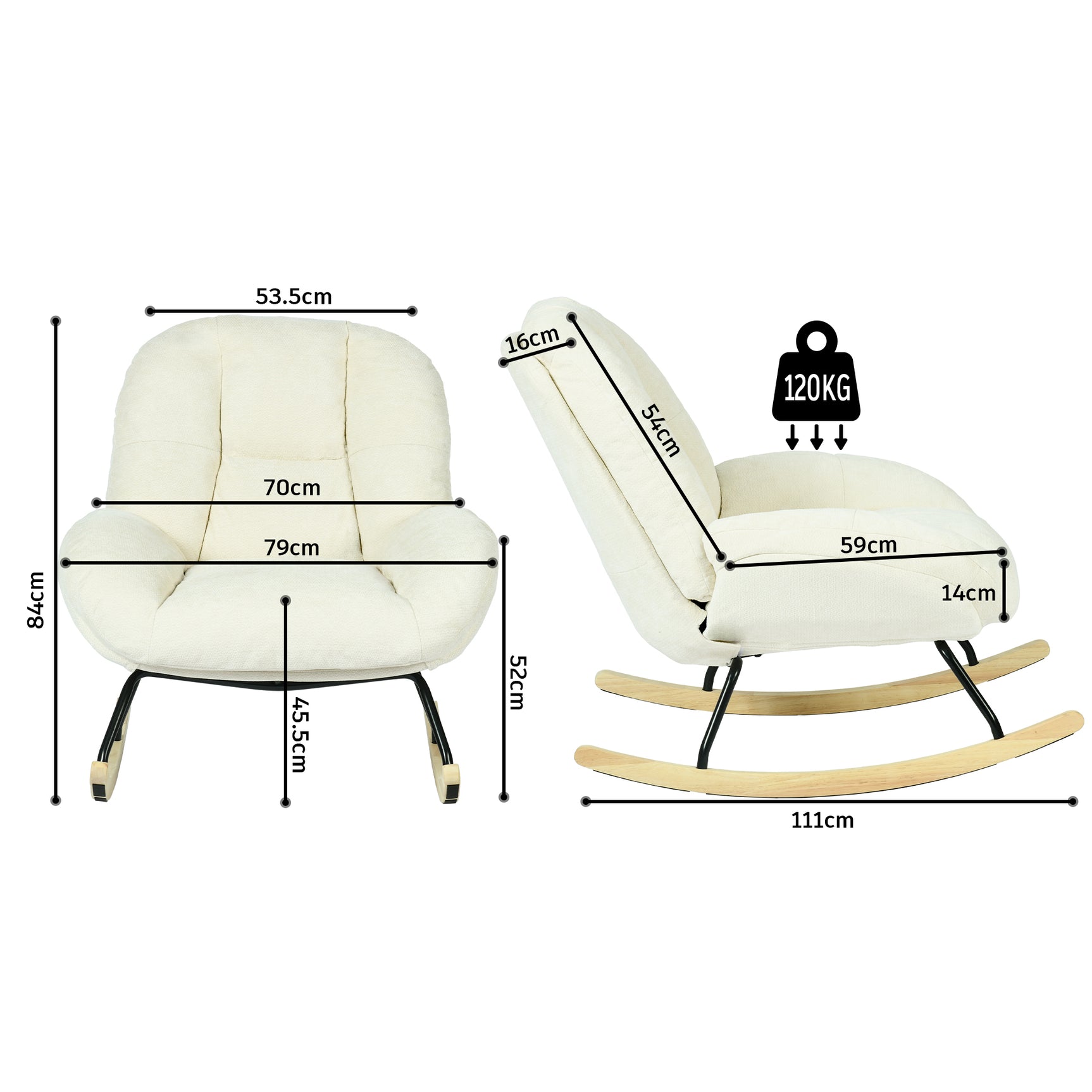 Lot de 2 fauteuil à bascule scandinave en tissu chenille avec accoudoirs pour salon ou chambre à coucher, beige - LITHOPS