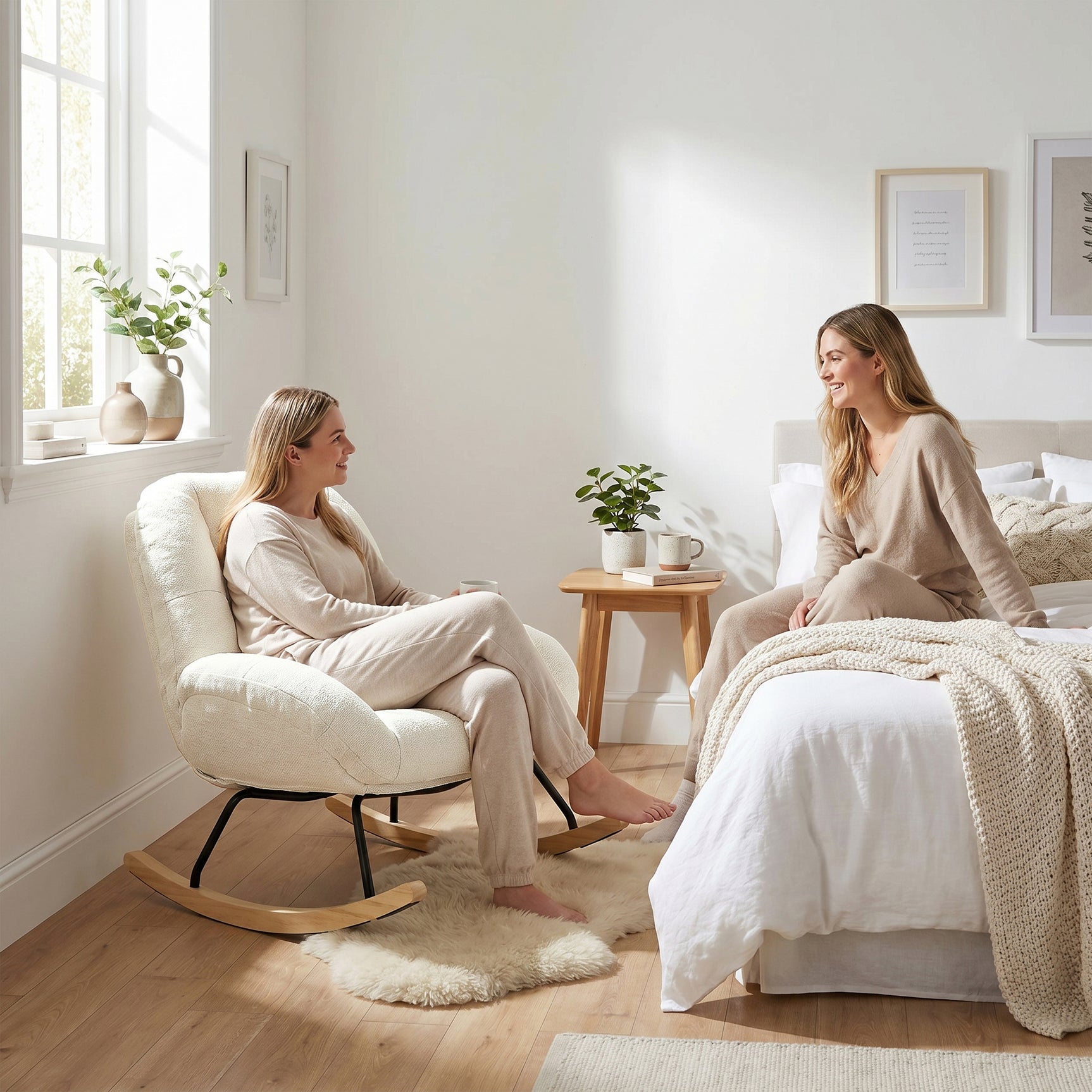 Lot de 2 fauteuil à bascule scandinave en tissu chenille avec accoudoirs pour salon ou chambre à coucher, beige - LITHOPS
