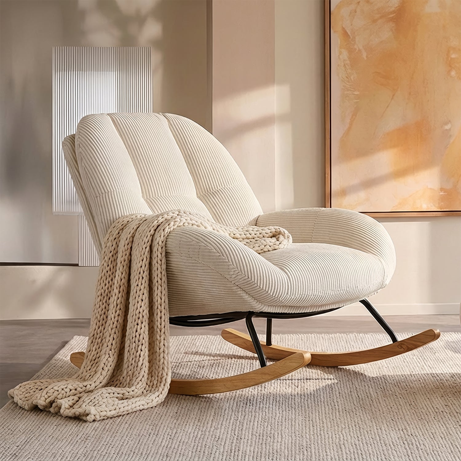 Fauteuil à bascule scandinave en velours côtelé avec accoudoirs pour salon ou chambre à coucher, beige - LITHOPS